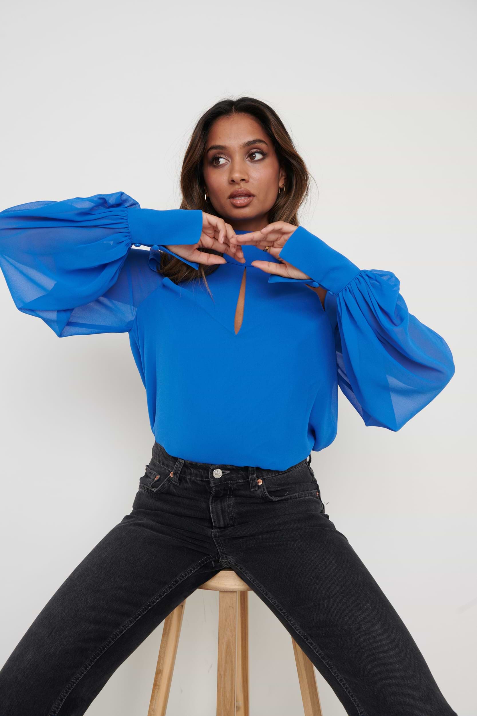 Romy Cut Out High Neck Blouse - Blue