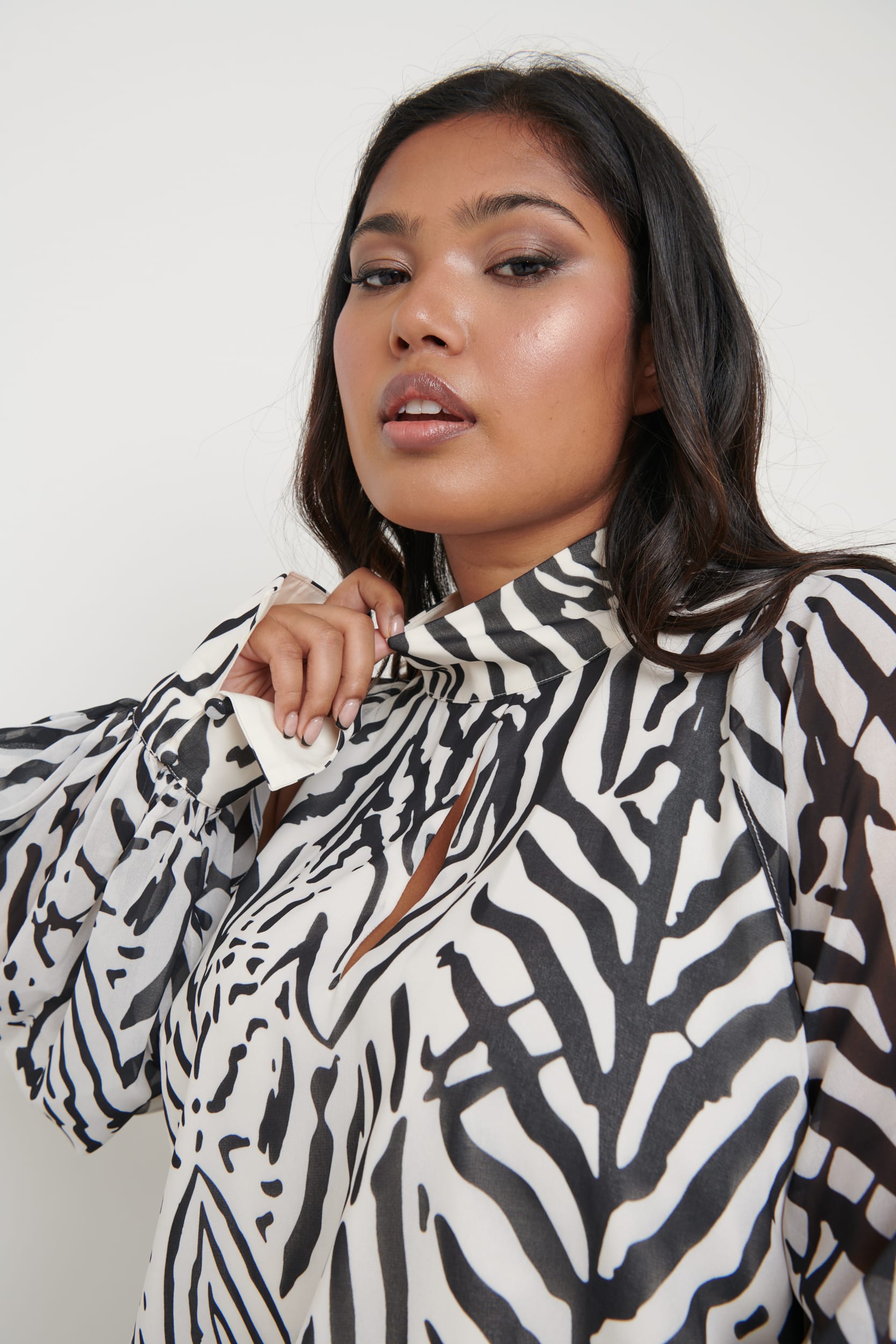 Romy Cut Out High Neck Printed Blouse - Zebra Abstract