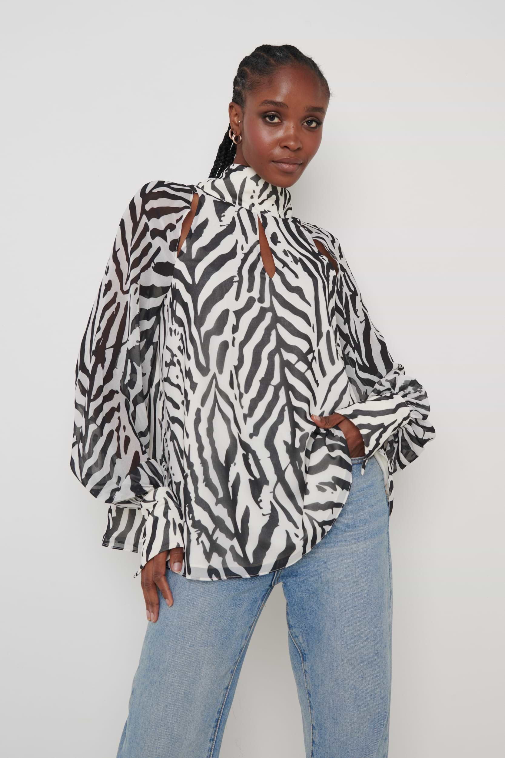 Romy Cut Out High Neck Printed Blouse - Zebra Abstract