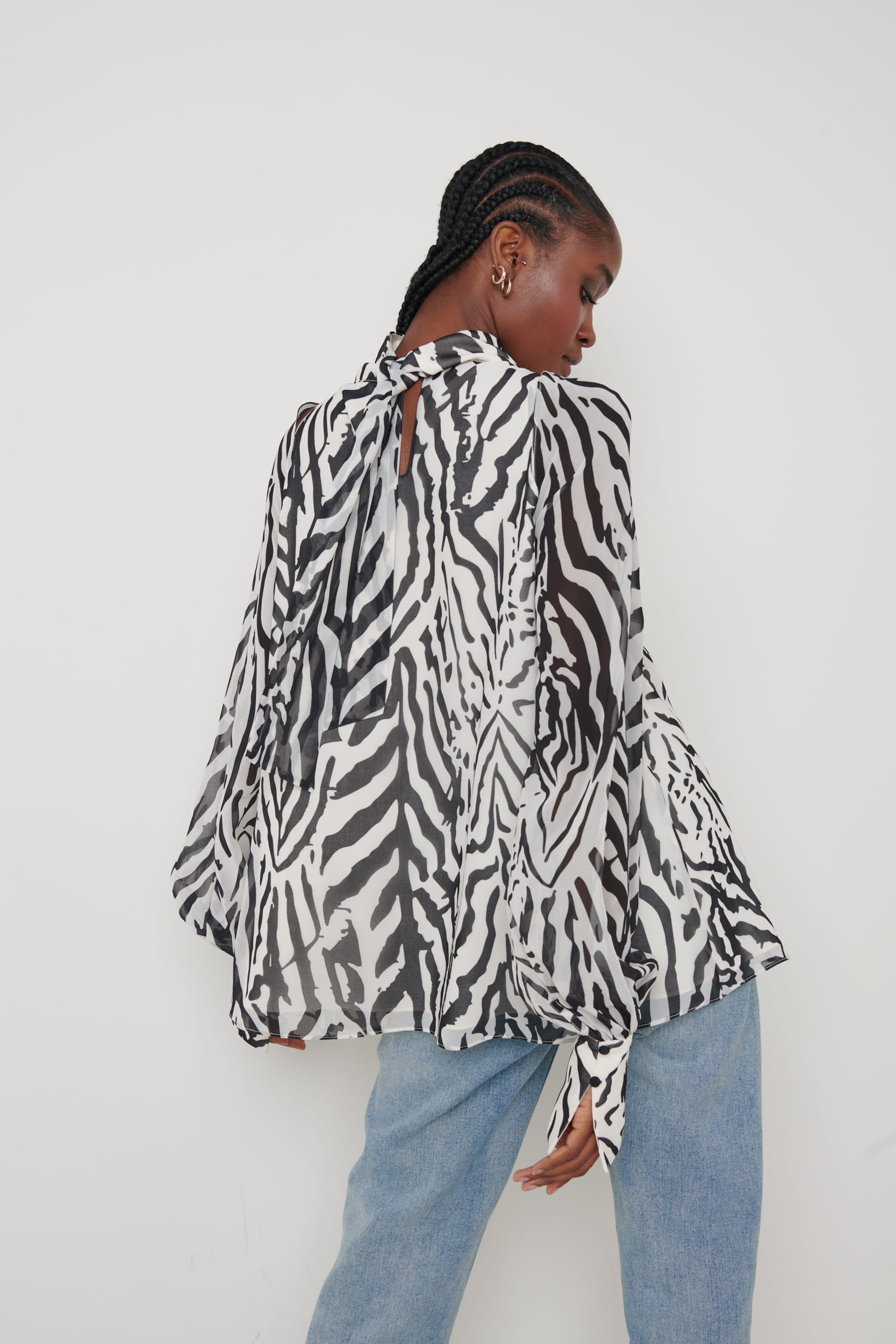Romy Cut Out High Neck Printed Blouse - Zebra Abstract