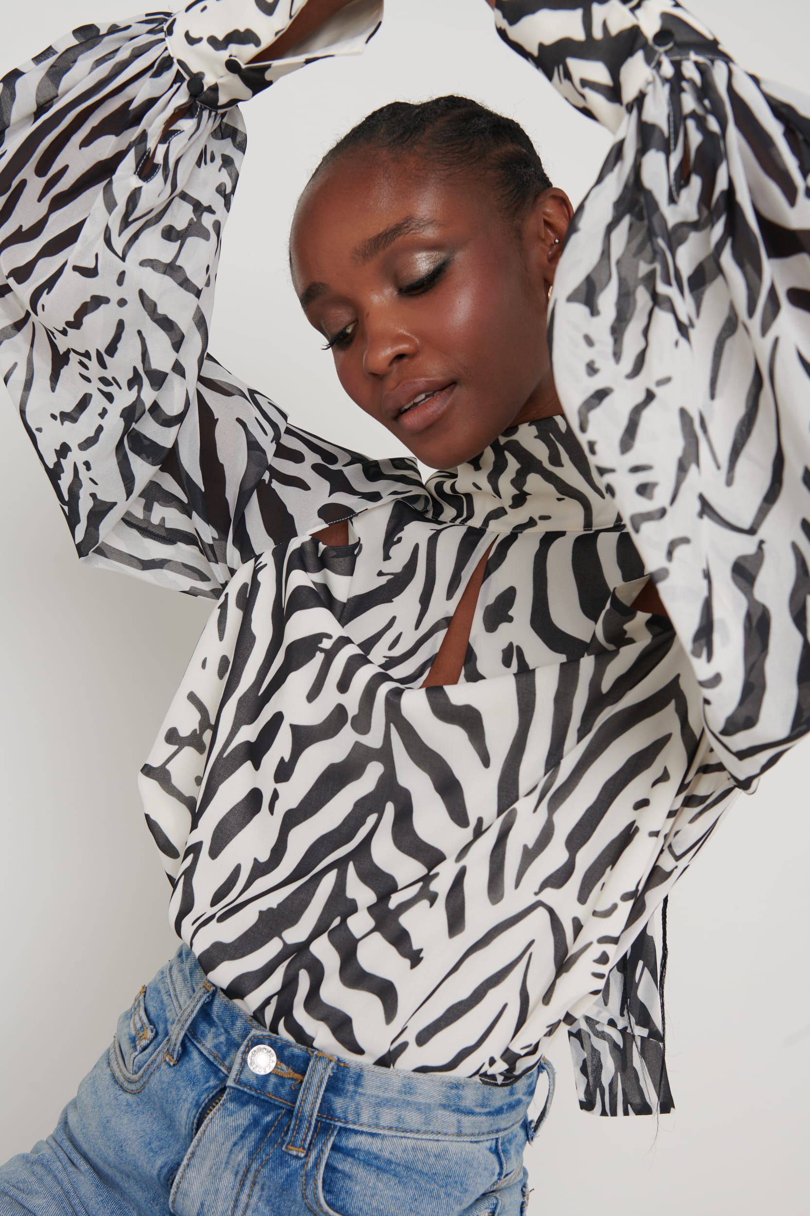 Romy Cut Out High Neck Printed Blouse - Zebra Abstract