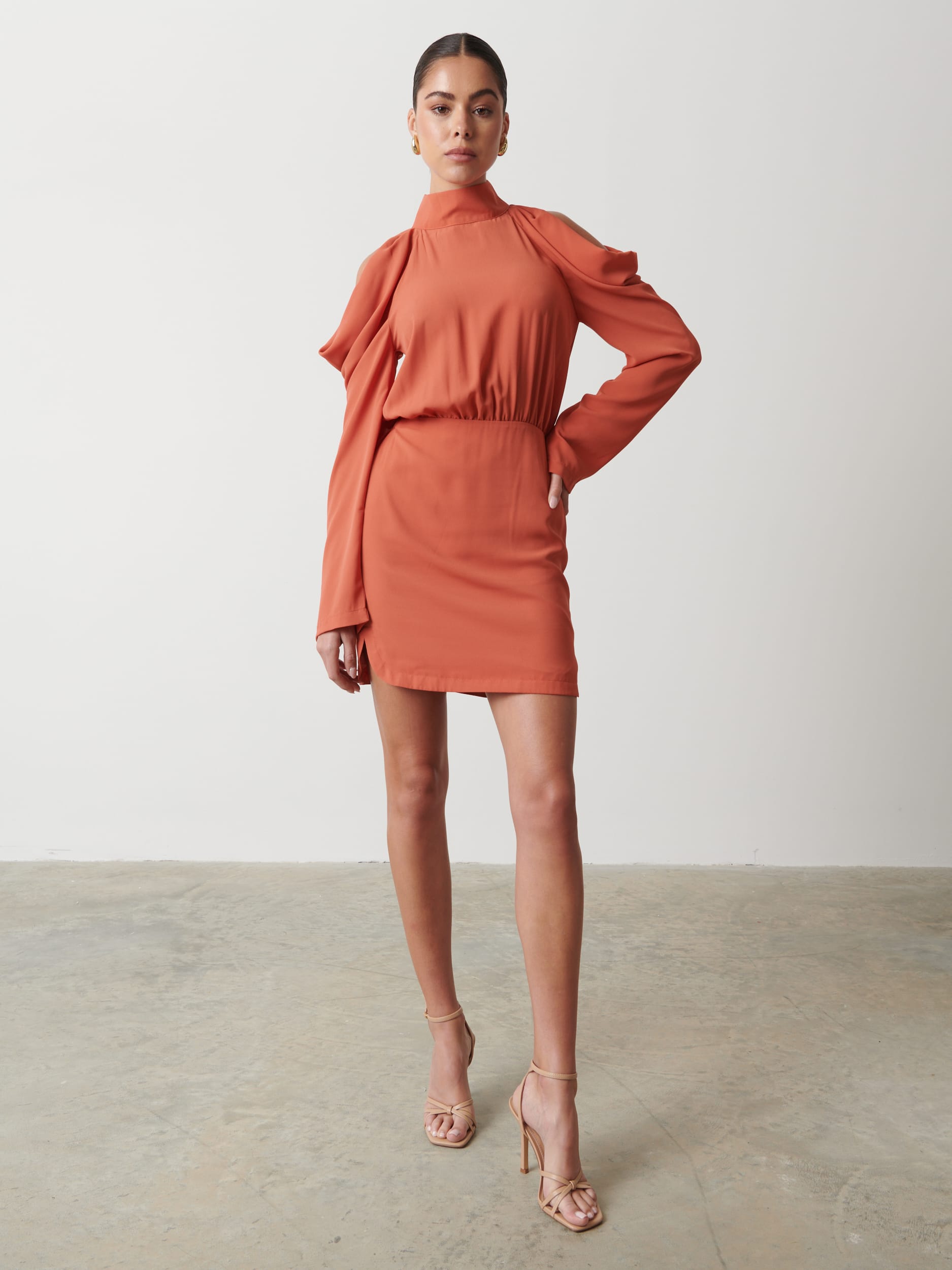 Rosie Cold Shoulder Mini Dress - Terracotta