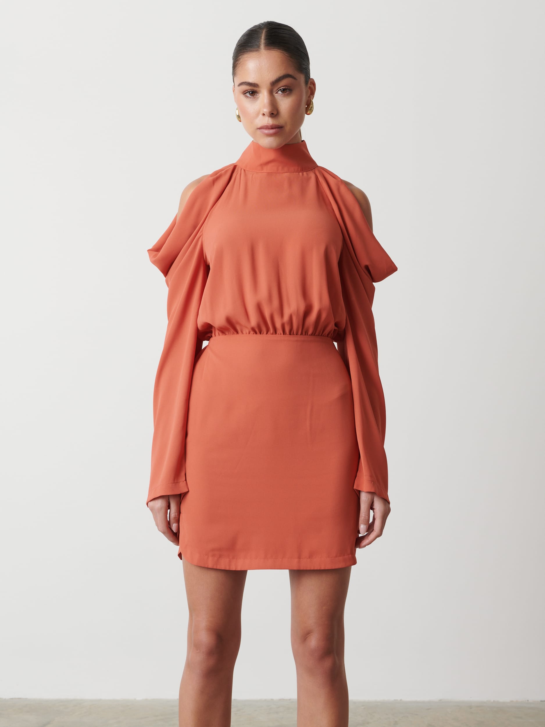 Rosie Cold Shoulder Mini Dress - Terracotta