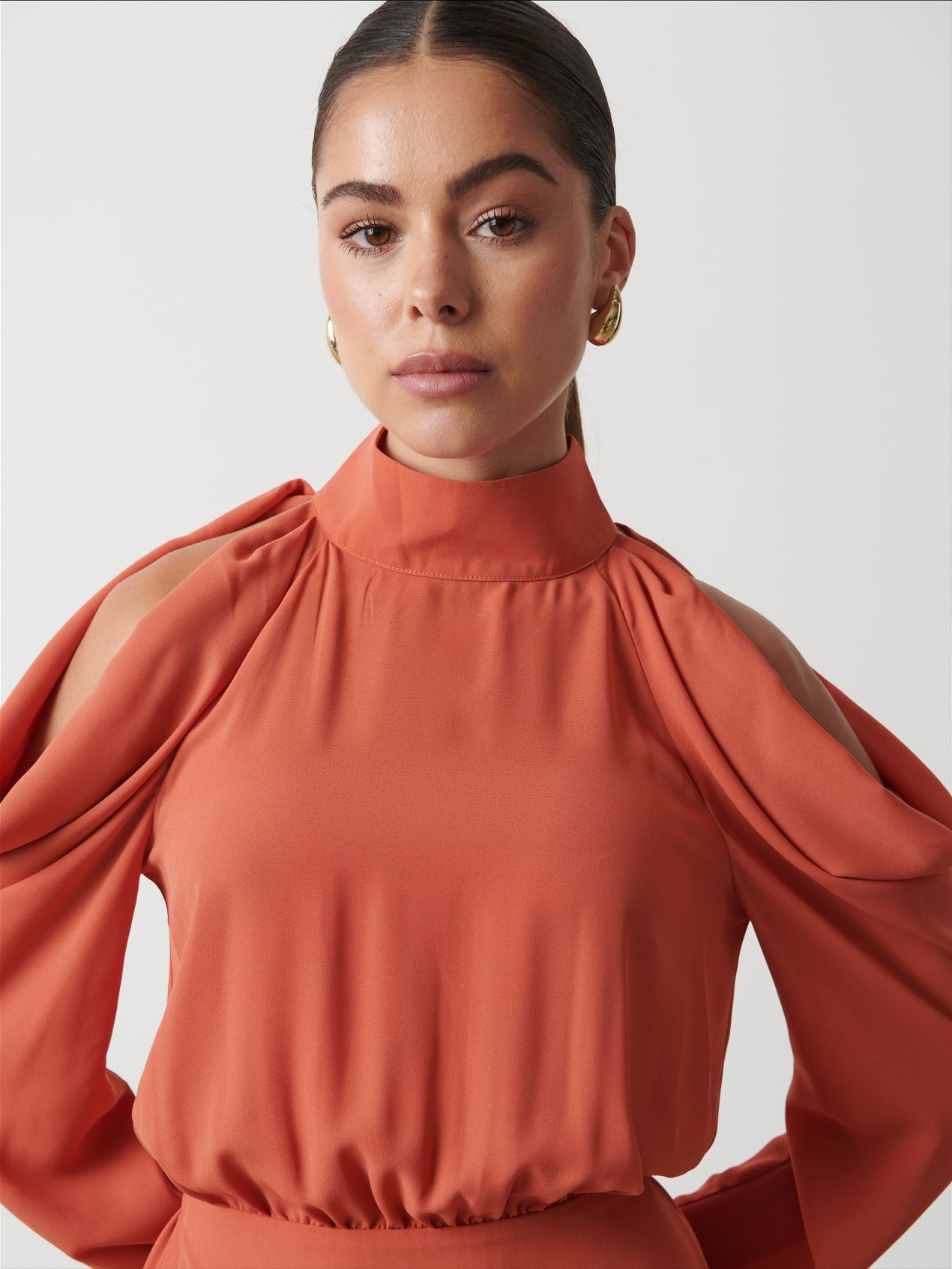 Rosie Cold Shoulder Mini Dress - Terracotta