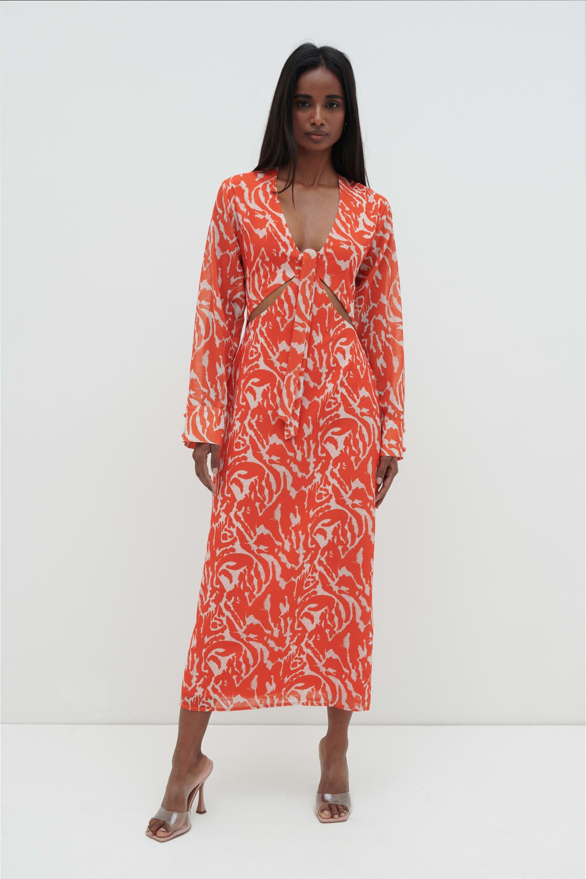 Rosslyn Tied Long Sleeve Midaxi Dress - Orange Zebra