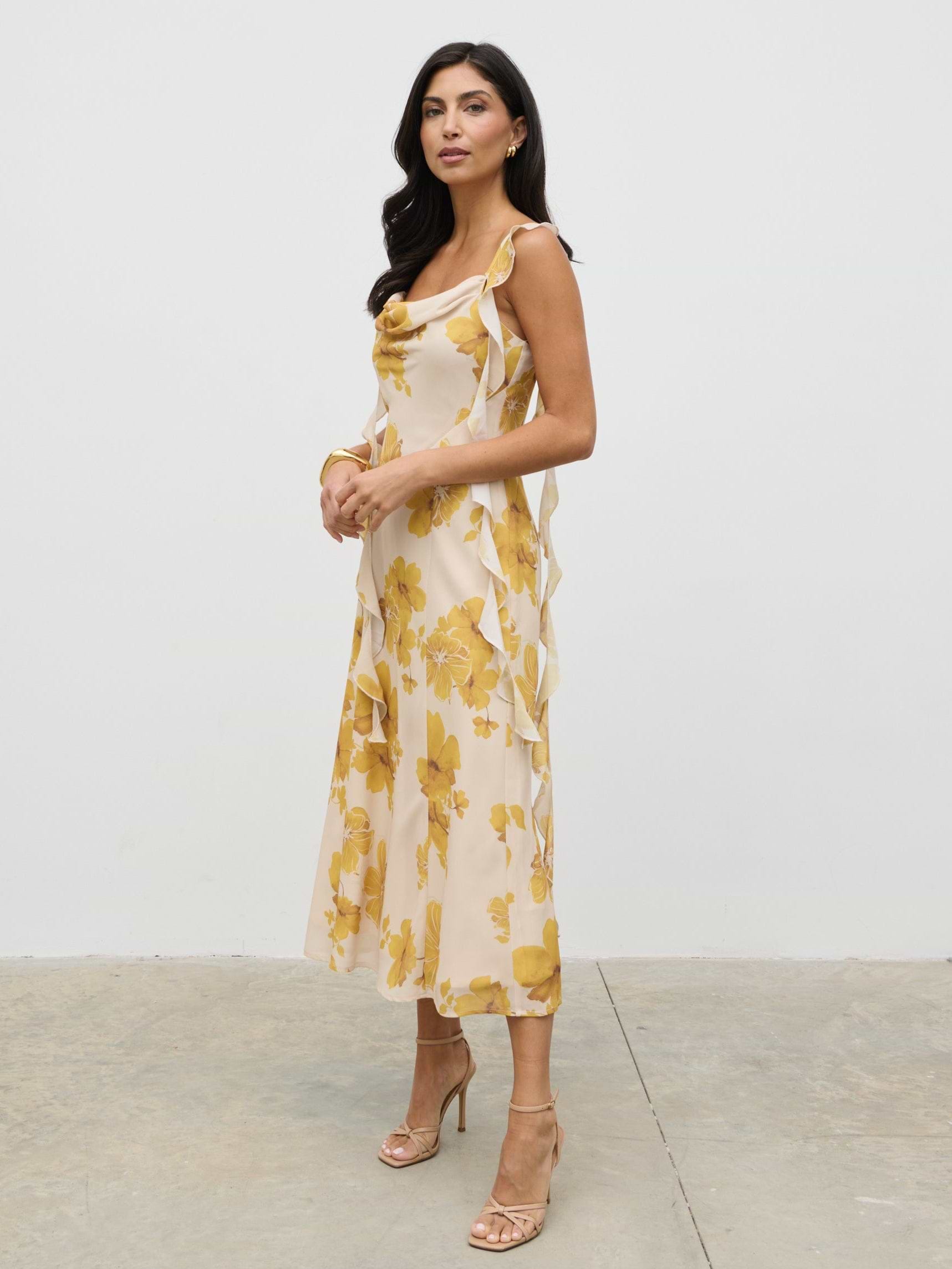 Rya Ruffle Midaxi Dress - Yellow Ochre Floral