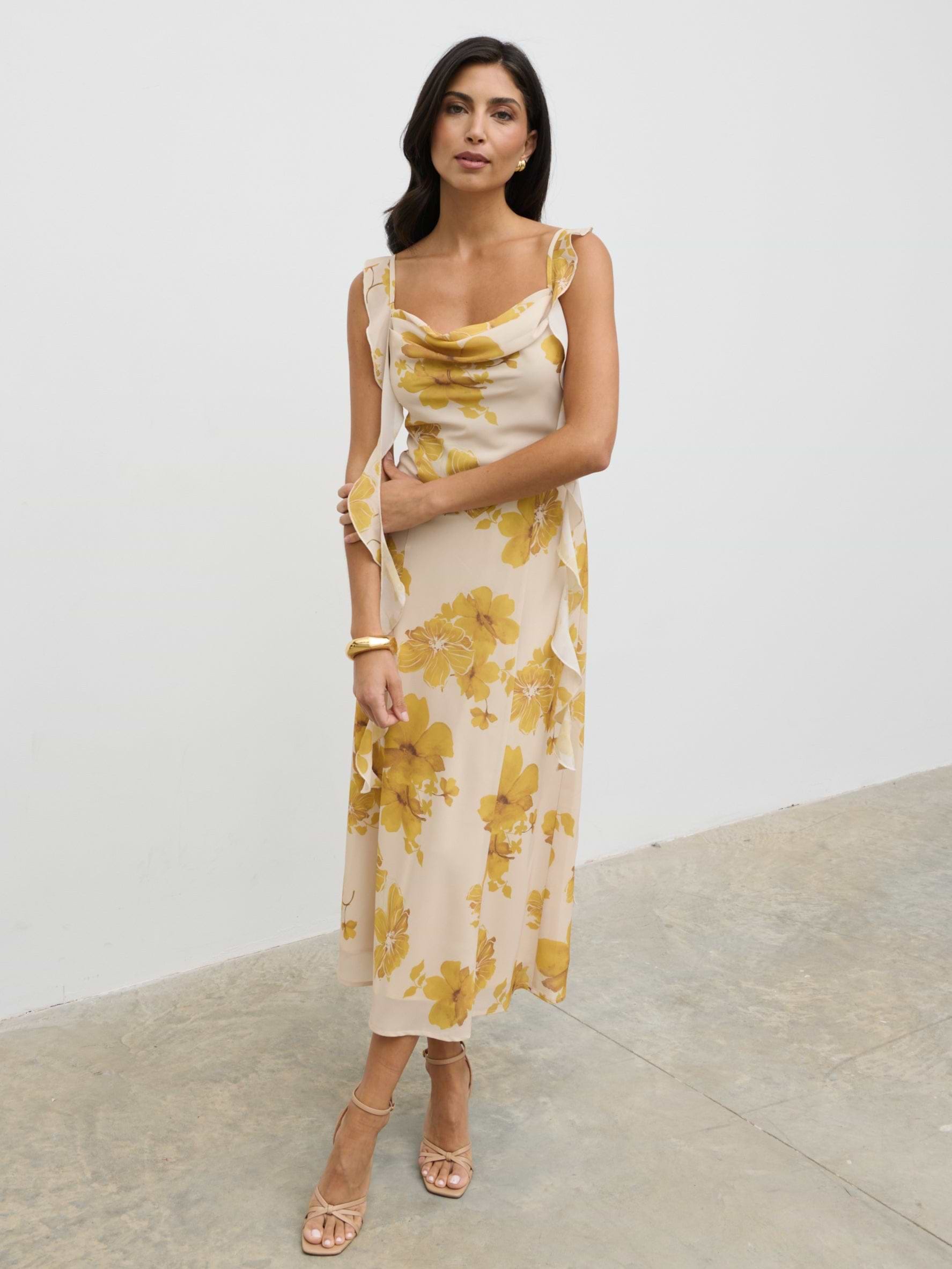 Rya Ruffle Midaxi Dress - Yellow Ochre Floral
