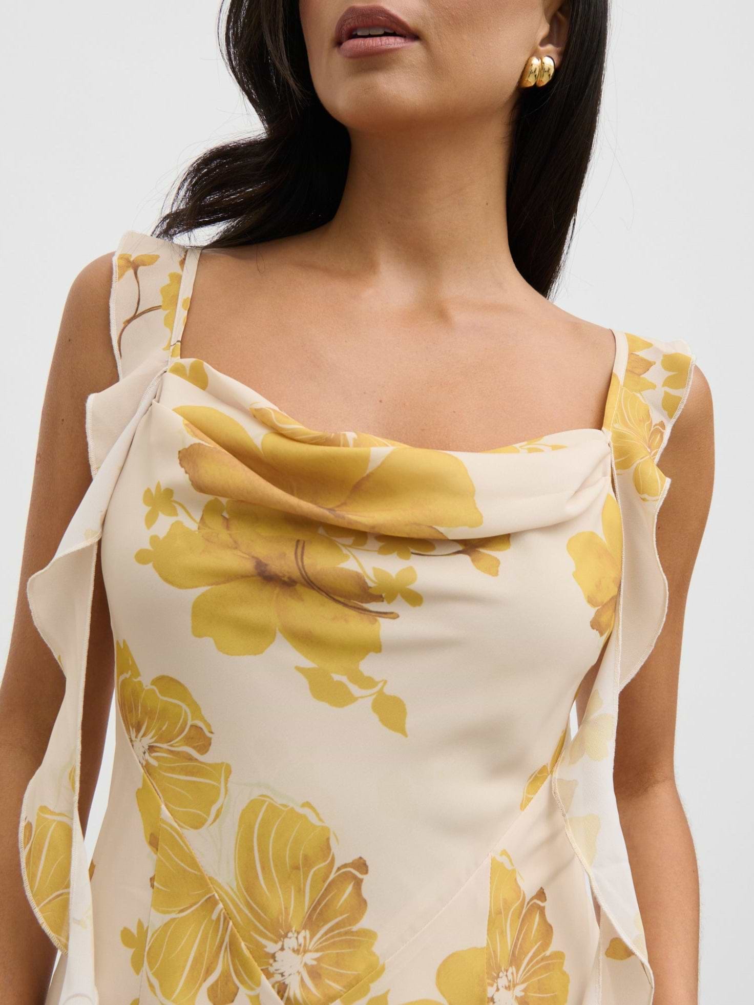 Rya Ruffle Midaxi Dress - Yellow Ochre Floral