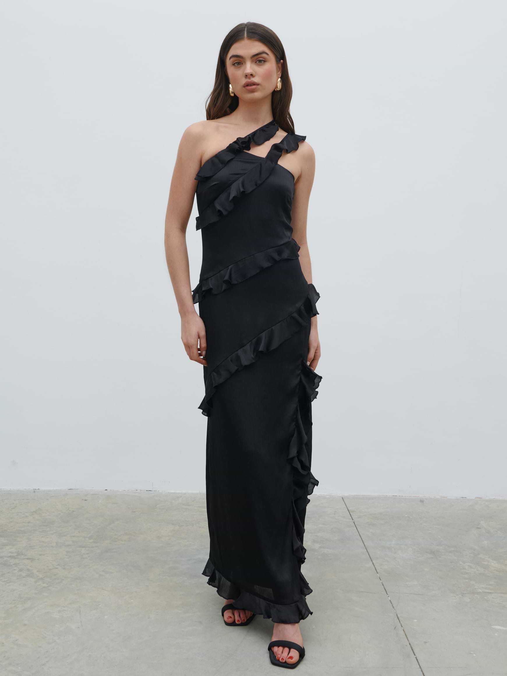 Sabina One Shoulder Ruffle Maxi Dress - Black