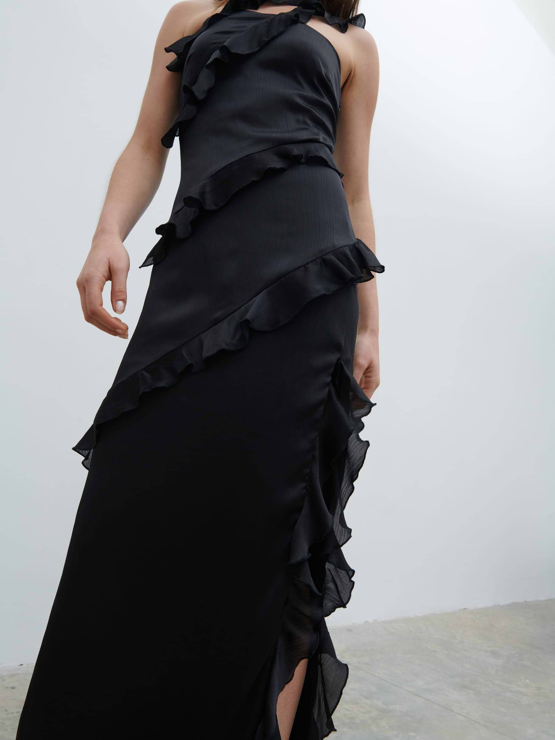 Sabina One Shoulder Ruffle Maxi Dress - Black