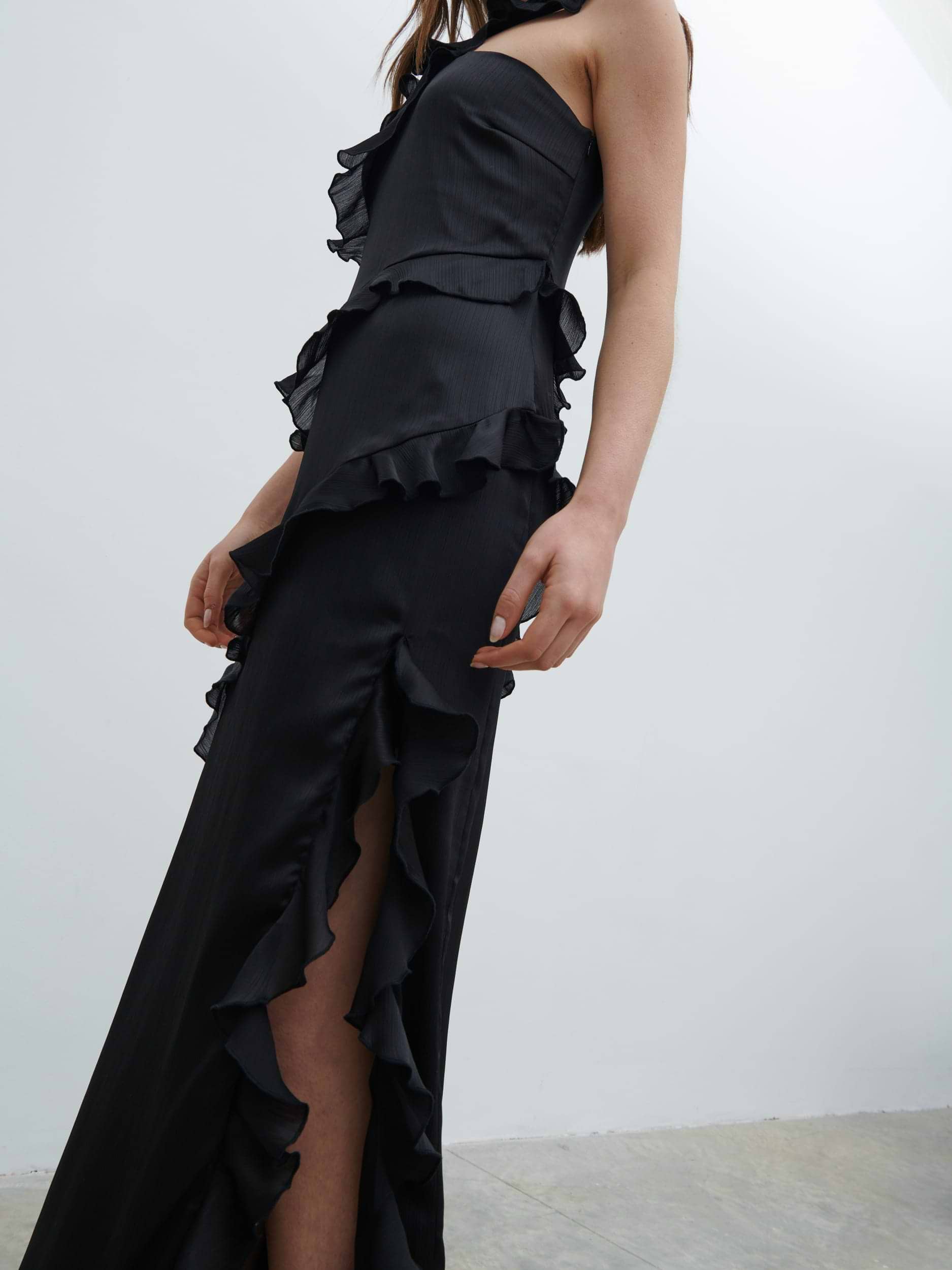 Sabina One Shoulder Ruffle Maxi Dress - Black