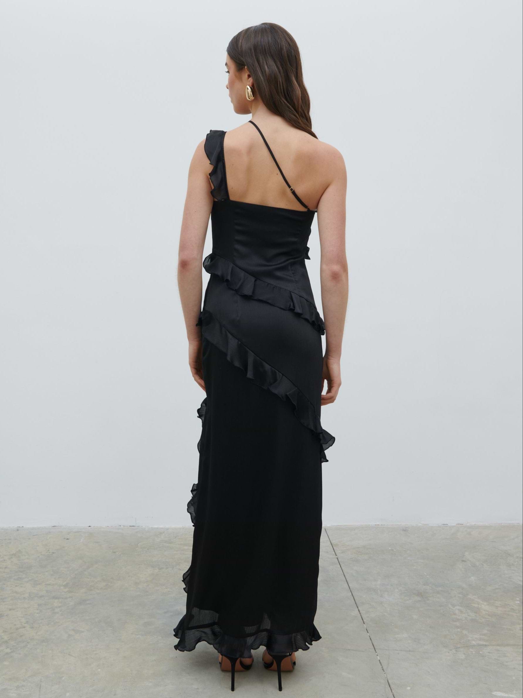 Sabina One Shoulder Ruffle Maxi Dress - Black