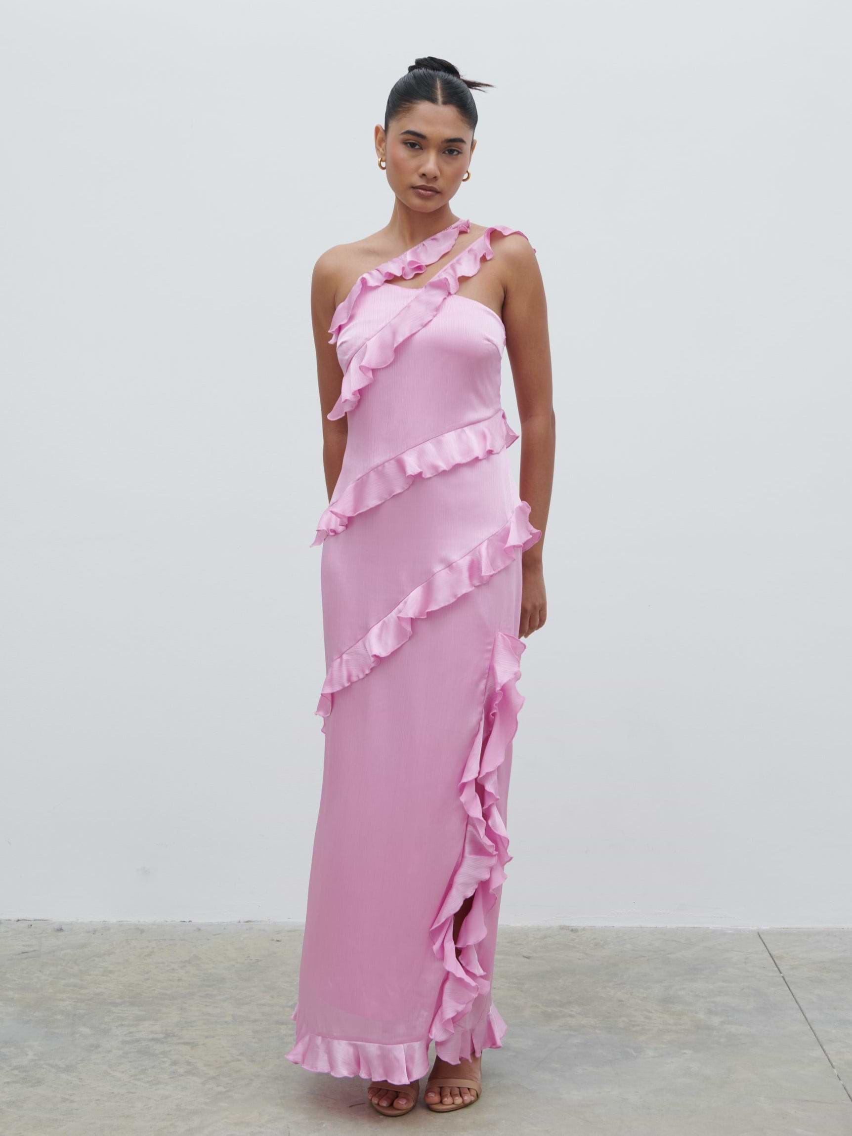 Sabina One Shoulder Ruffle Maxi Dress - Lilac Pink