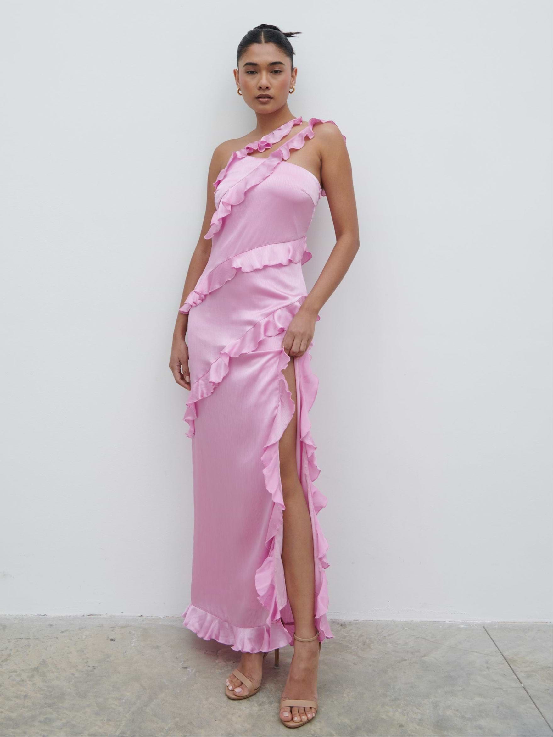 Sabina One Shoulder Ruffle Maxi Dress - Lilac Pink