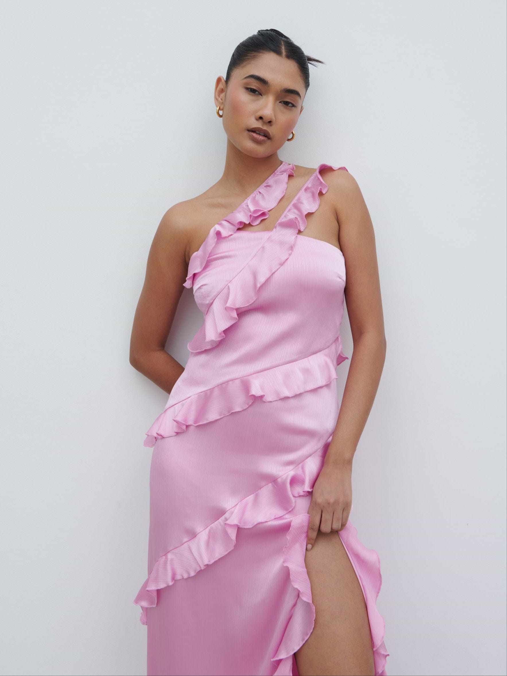 Sabina One Shoulder Ruffle Maxi Dress - Lilac Pink
