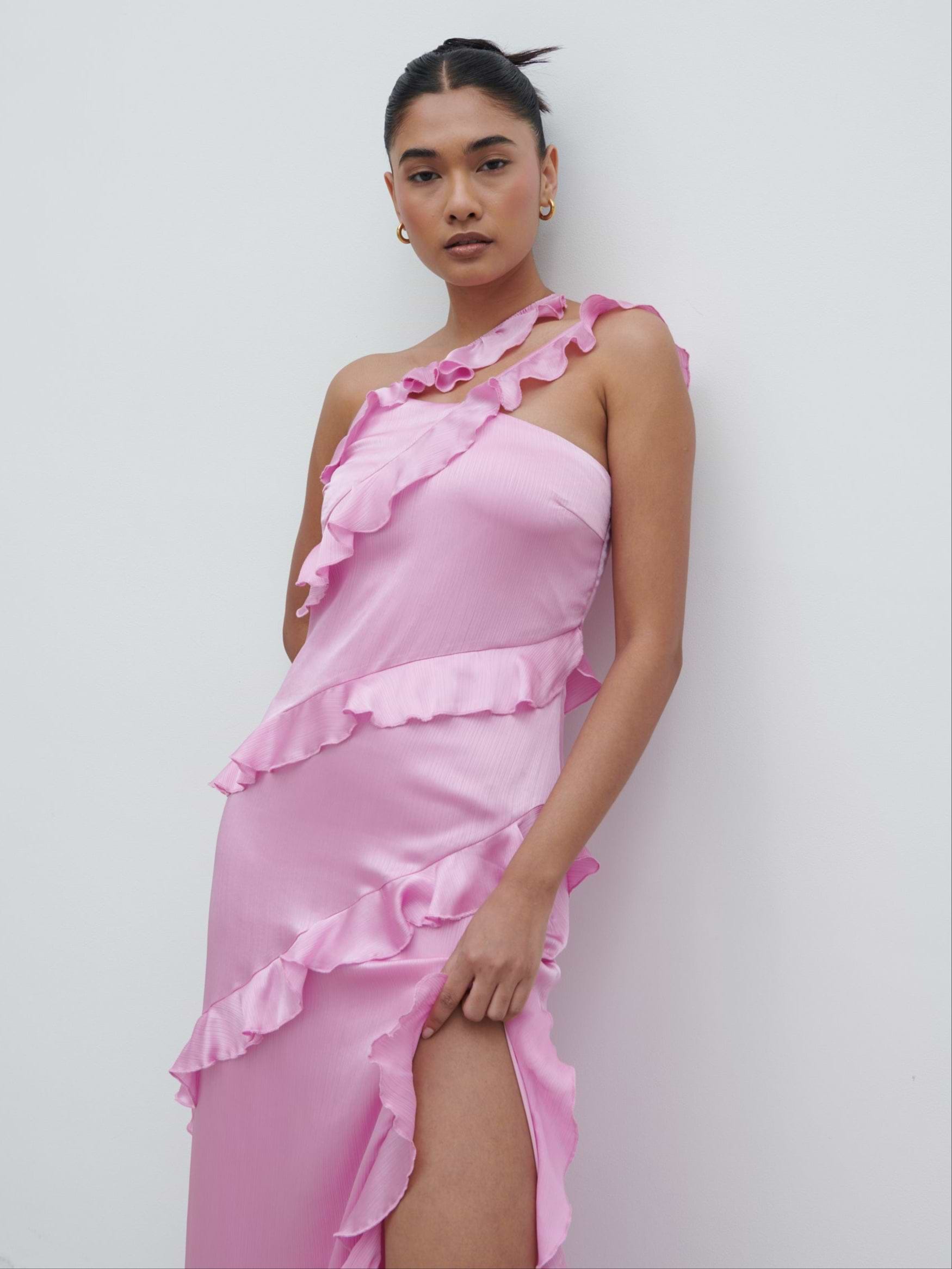Sabina One Shoulder Ruffle Maxi Dress - Lilac Pink