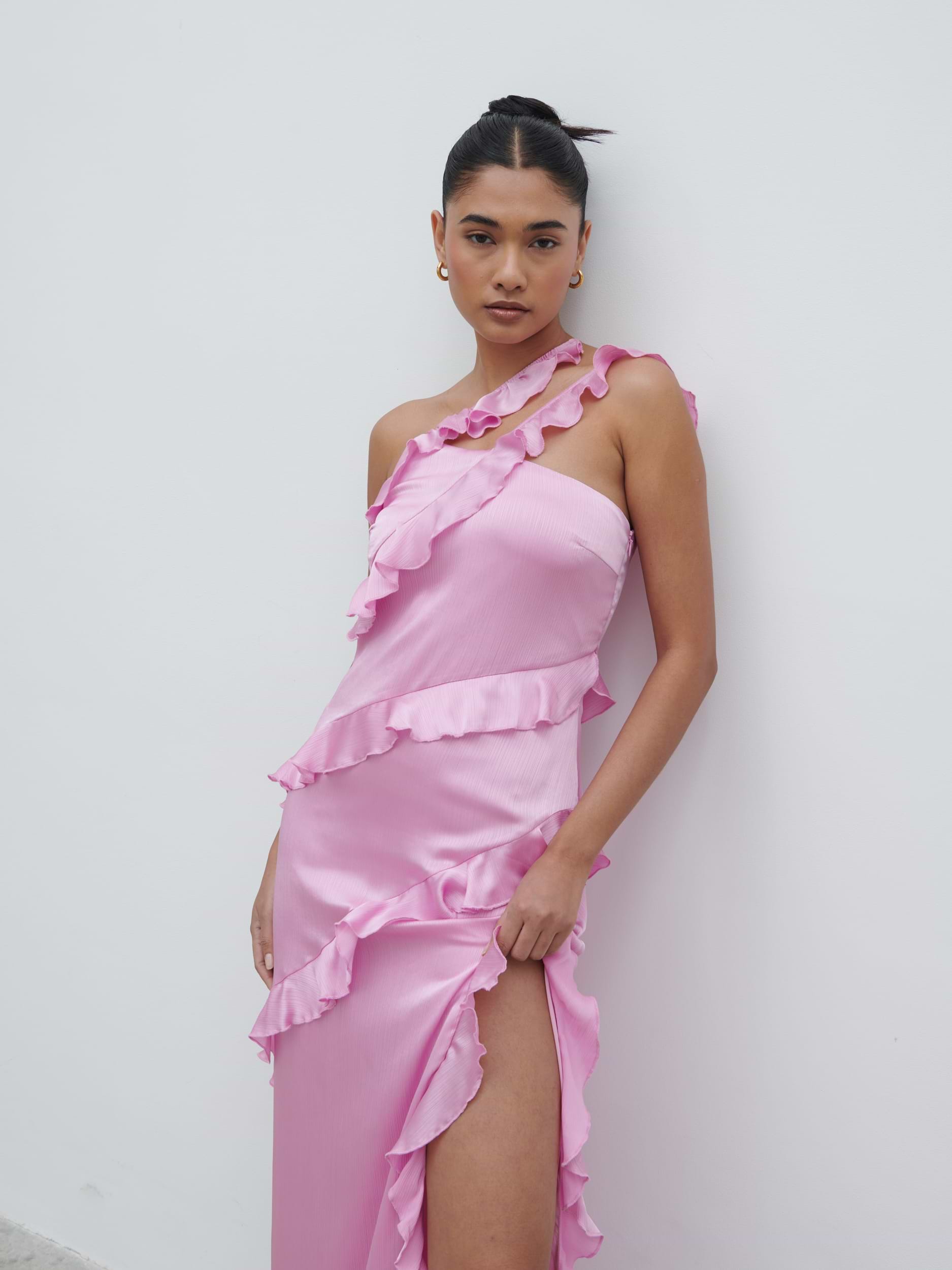 Sabina One Shoulder Ruffle Maxi Dress - Lilac Pink