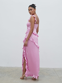 Sabina One Shoulder Ruffle Maxi Dress - Lilac Pink