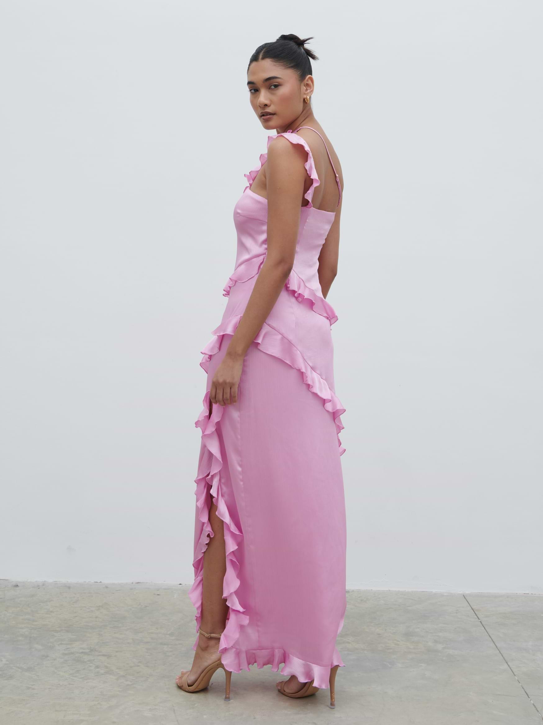 Sabina One Shoulder Ruffle Maxi Dress - Lilac Pink