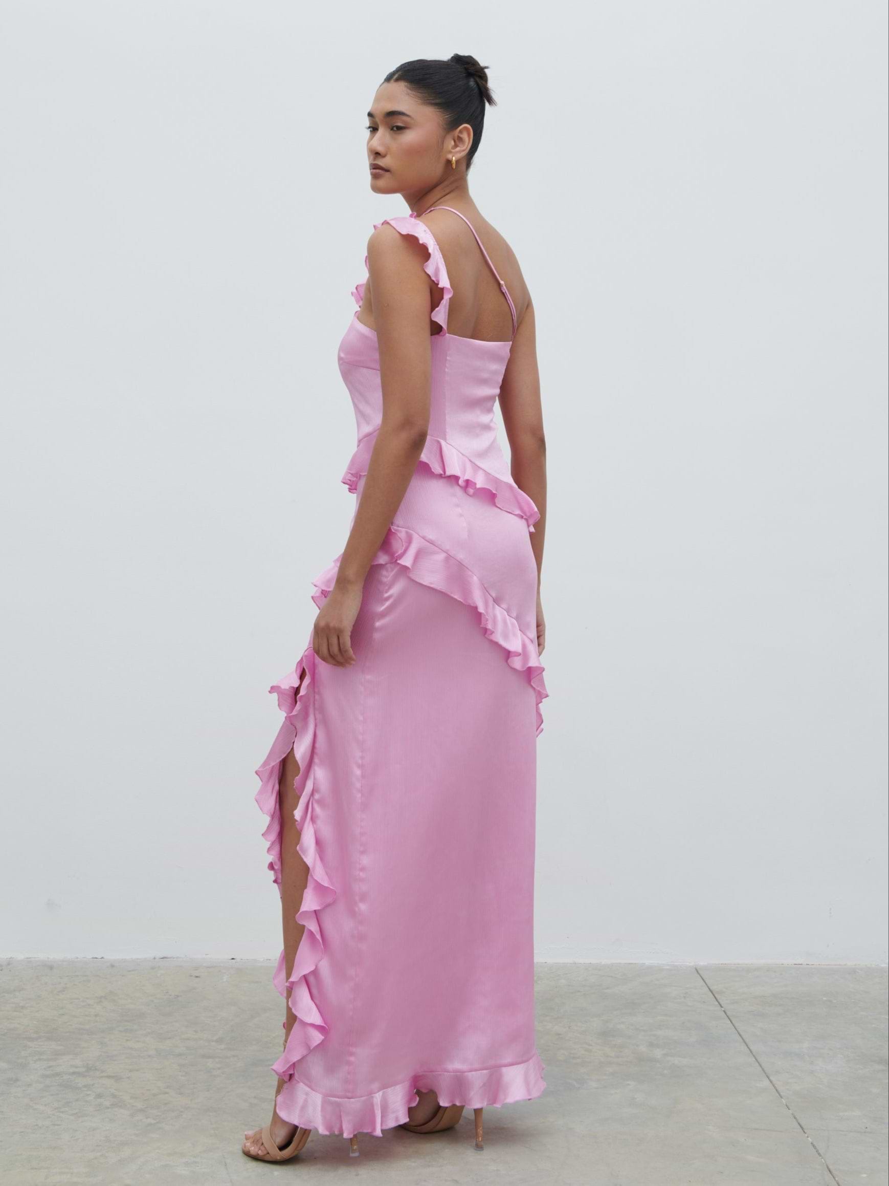 Sabina One Shoulder Ruffle Maxi Dress - Lilac Pink