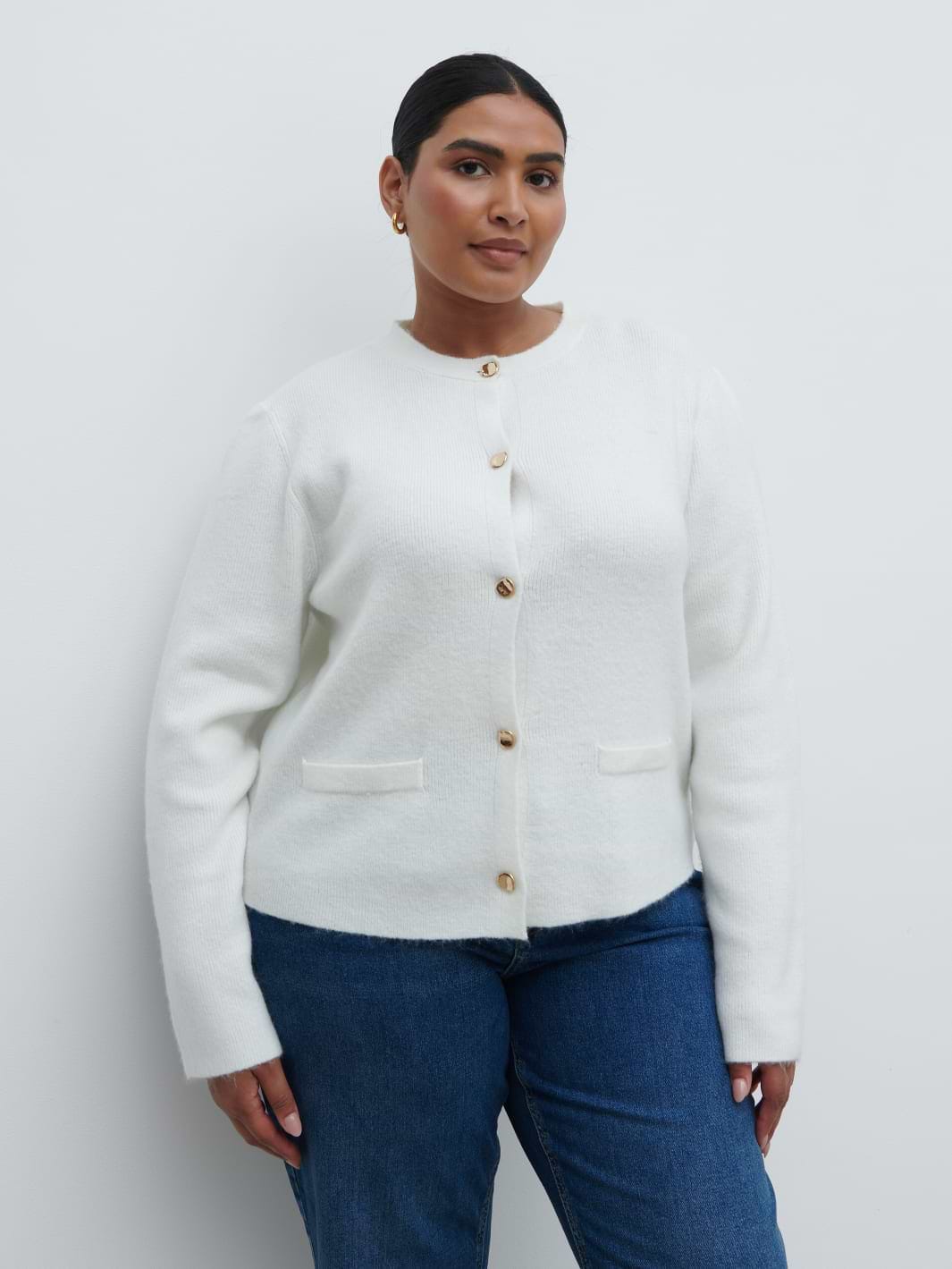 Sabrina Gold Button Knit Cardigan Curve - Cream