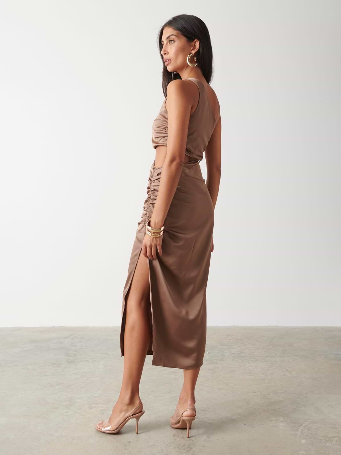 Sachi Cut Out Ruched Midaxi Dress - Mocha