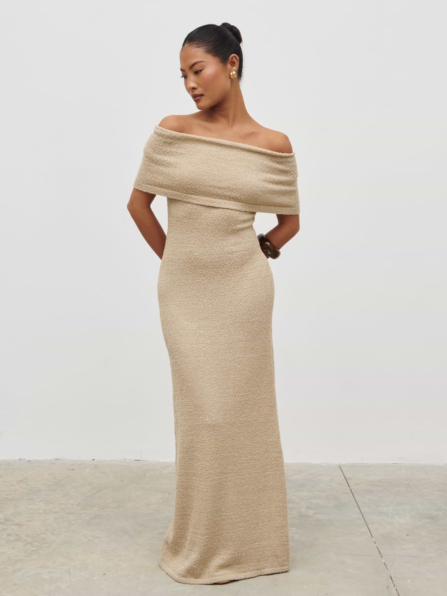 Selma Boucle Knit Maxi Dress - Stone