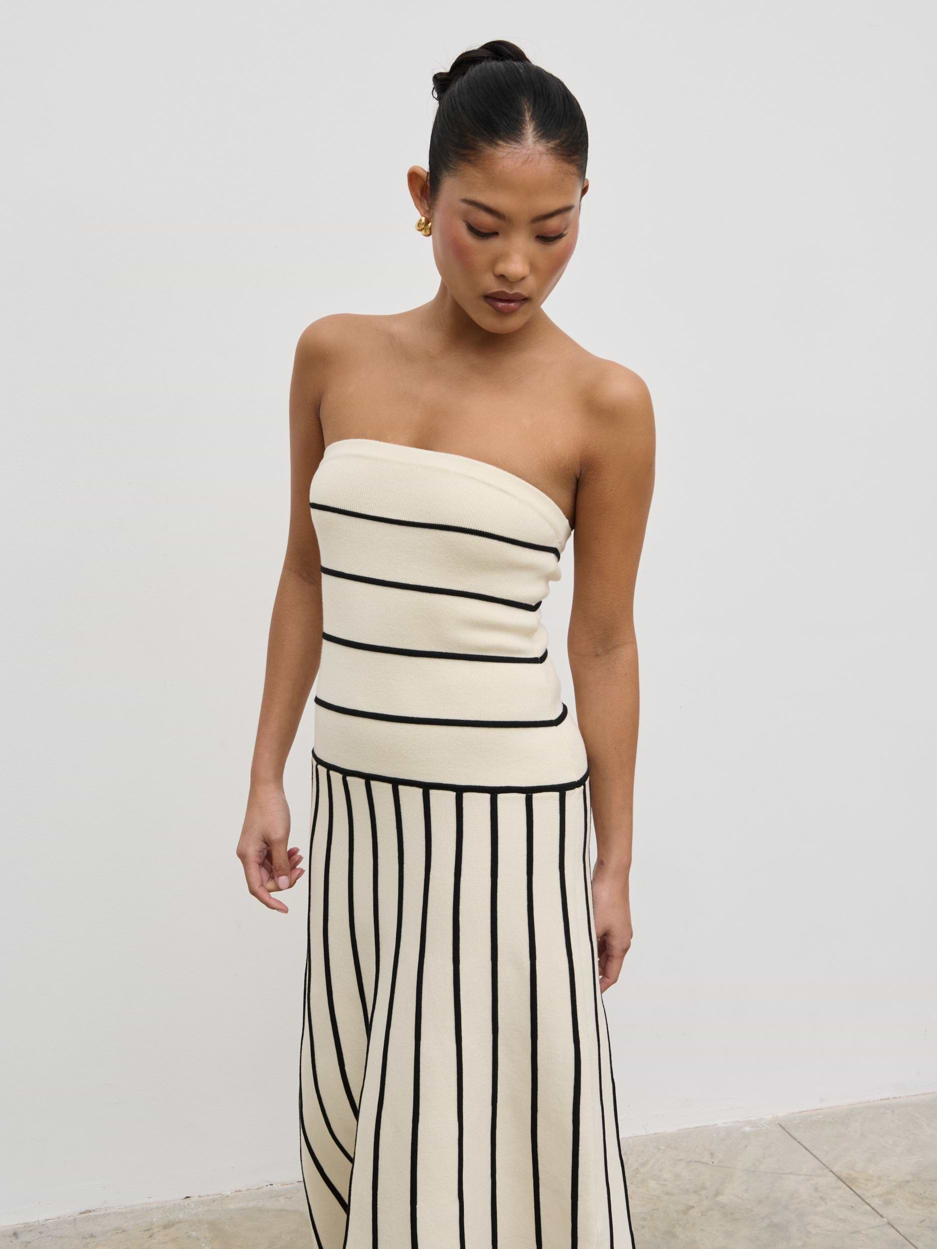 Serena Bandeau Contrast Stripe Knit Midaxi Dress - Cream and Black