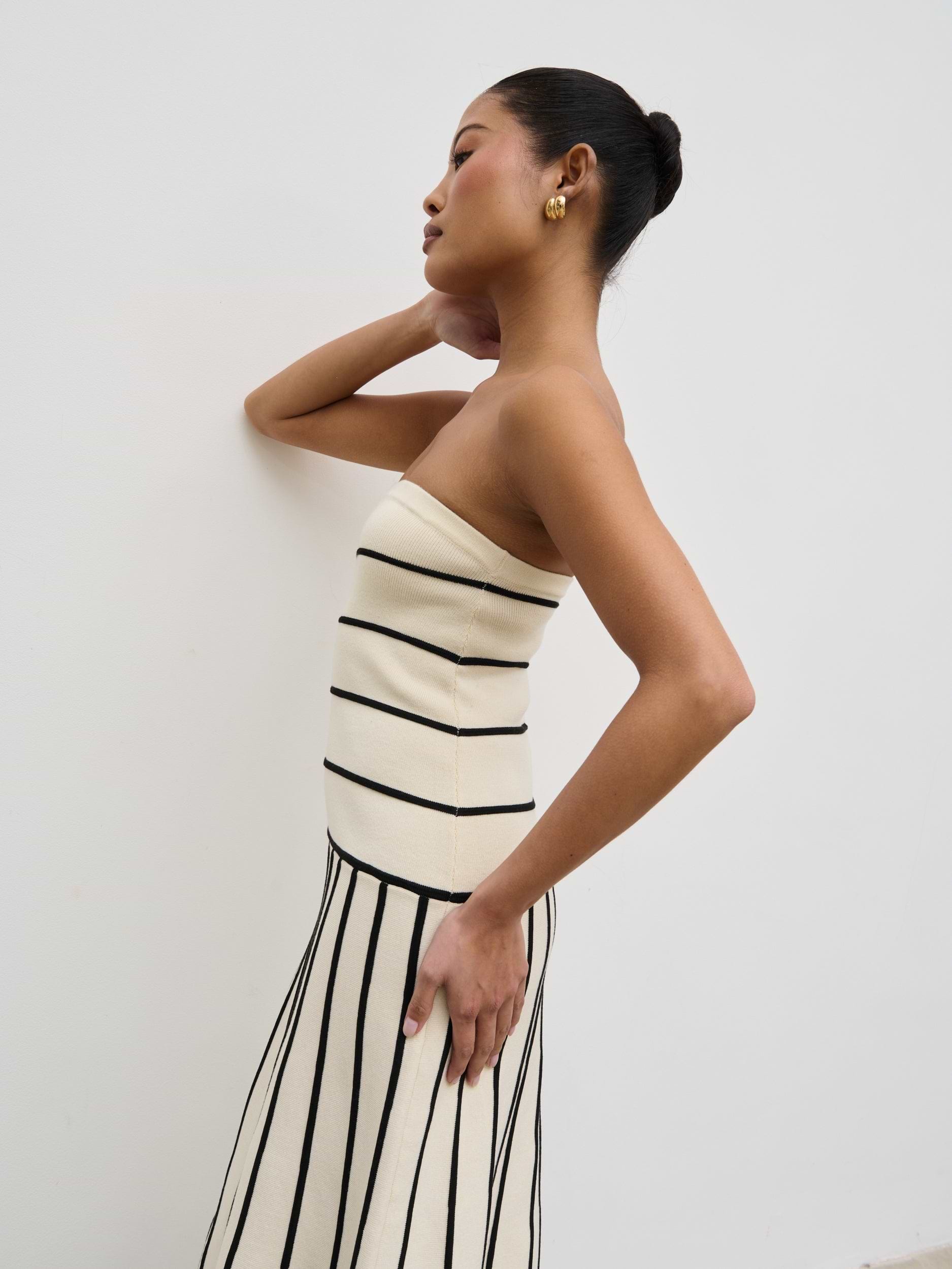 Serena Bandeau Contrast Stripe Knit Midaxi Dress - Cream and Black