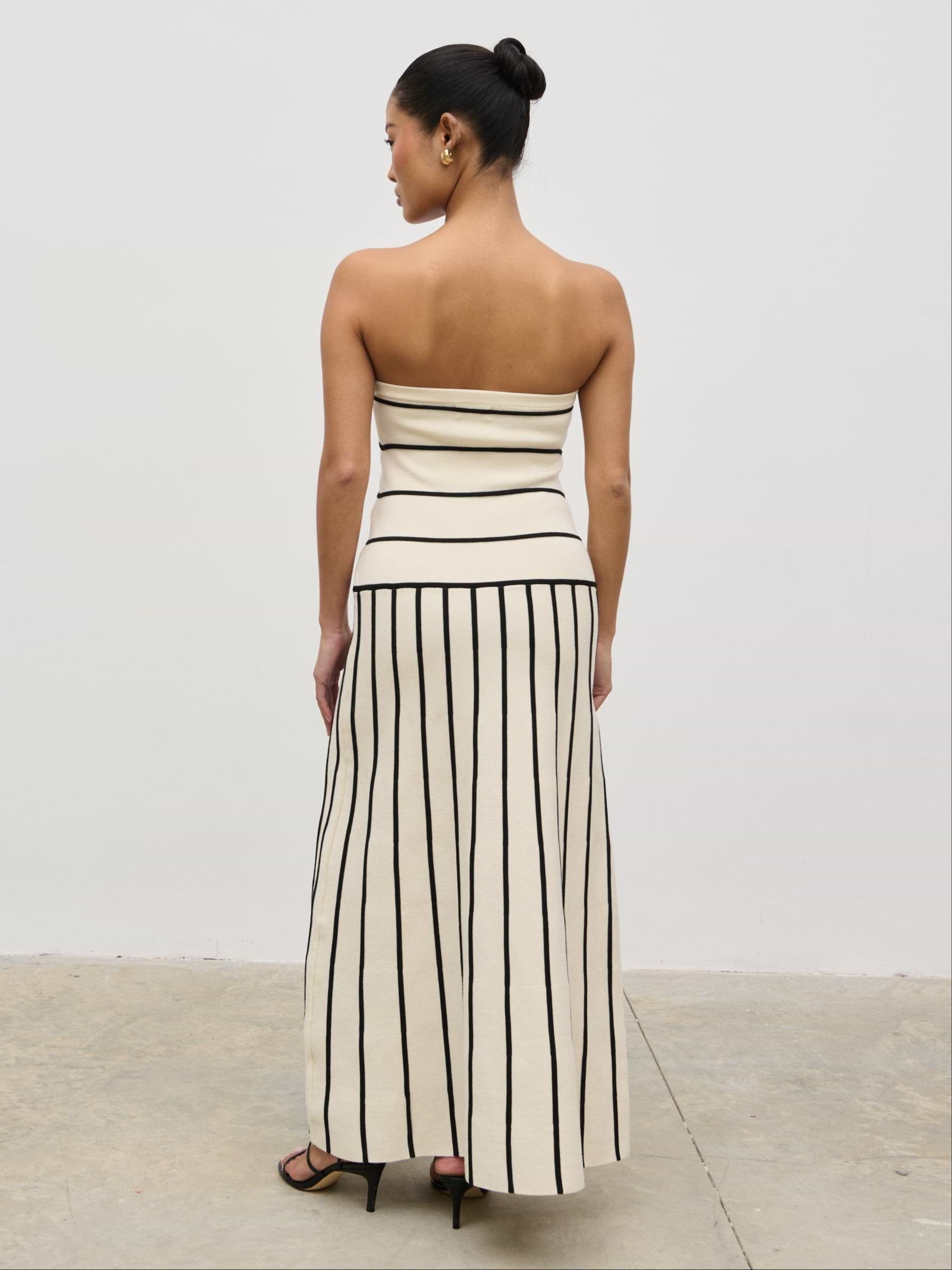 Serena Bandeau Contrast Stripe Knit Midaxi Dress - Cream and Black