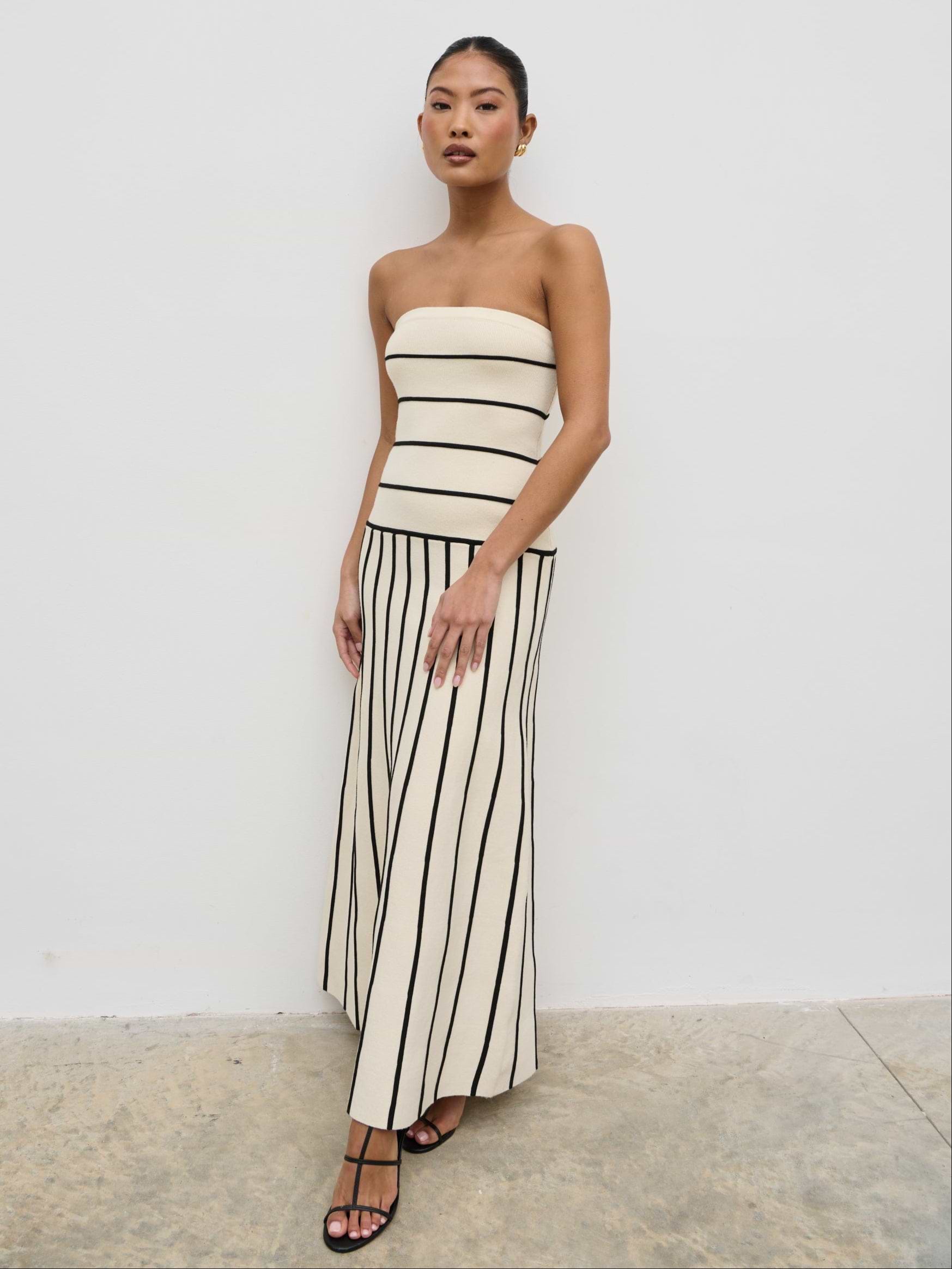 Serena Bandeau Contrast Stripe Knit Midaxi Dress - Cream and Black