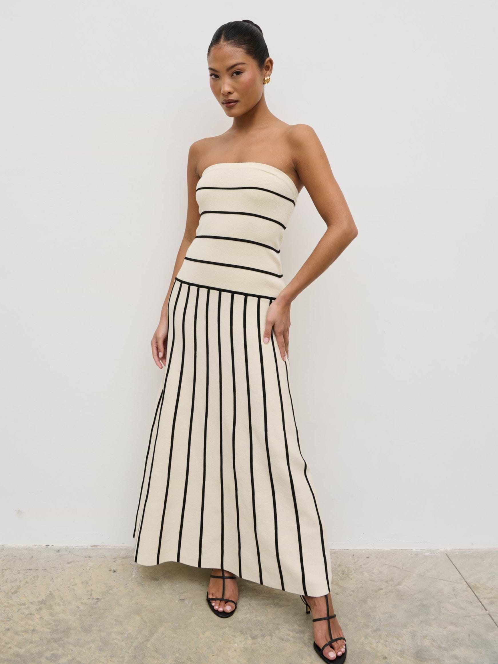 Serena Bandeau Contrast Stripe Knit Midaxi Dress - Cream and Black