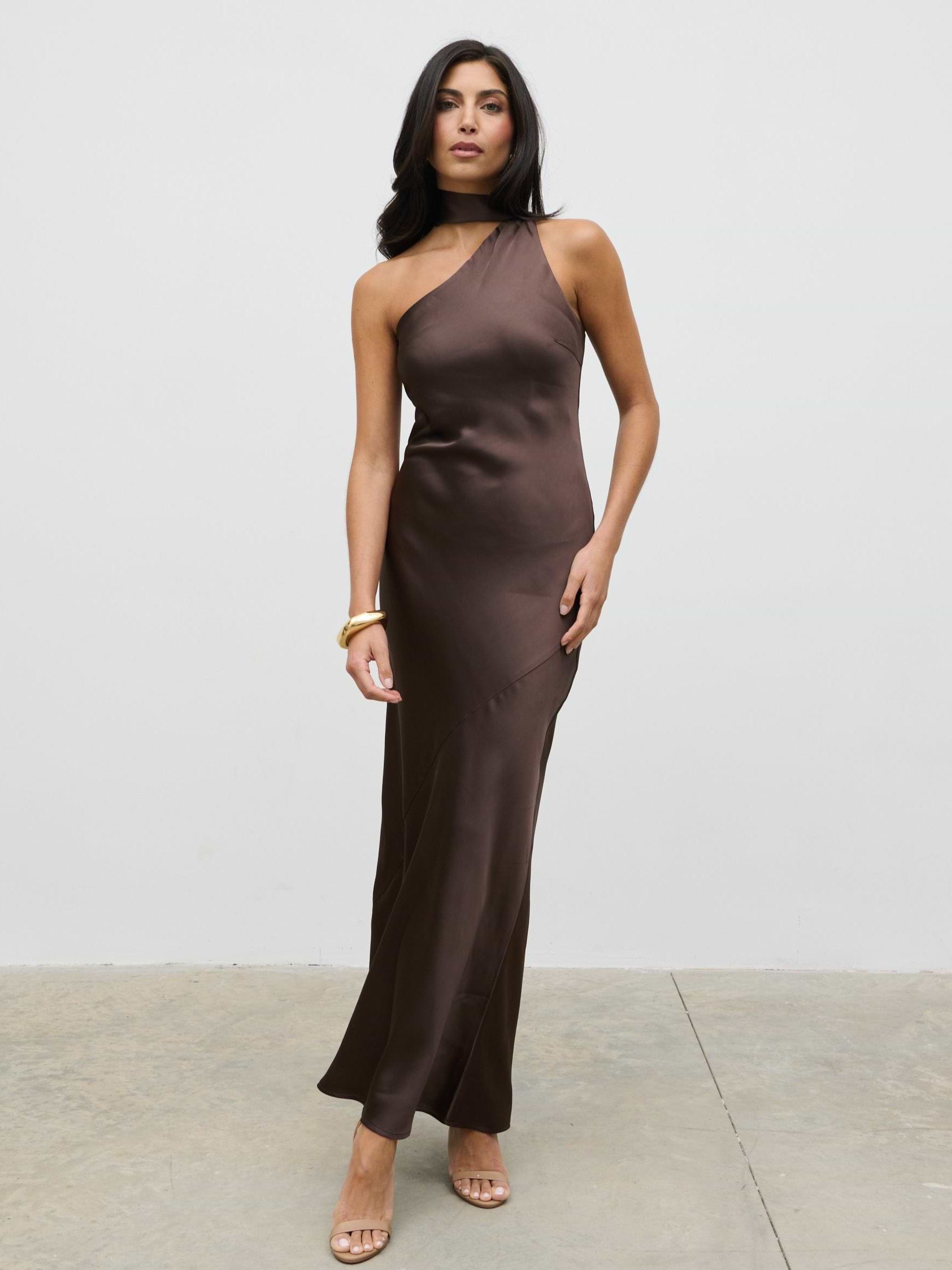 Sheree One Shoulder Sash Maxi Dress - Chocolate Brown