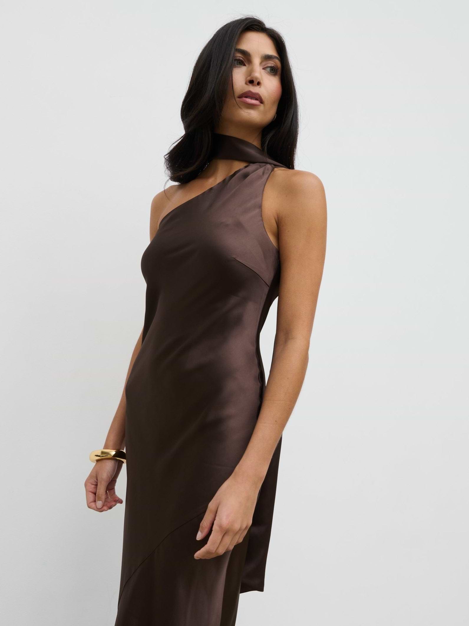 Sheree One Shoulder Sash Maxi Dress - Chocolate Brown