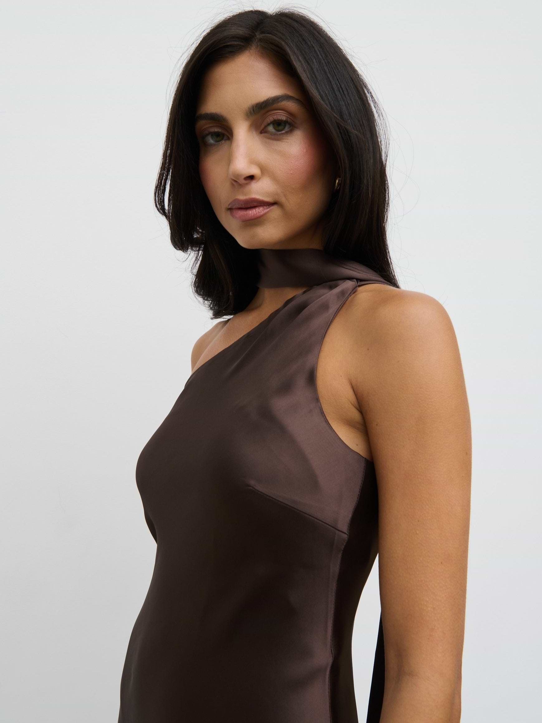 Sheree One Shoulder Sash Maxi Dress - Chocolate Brown