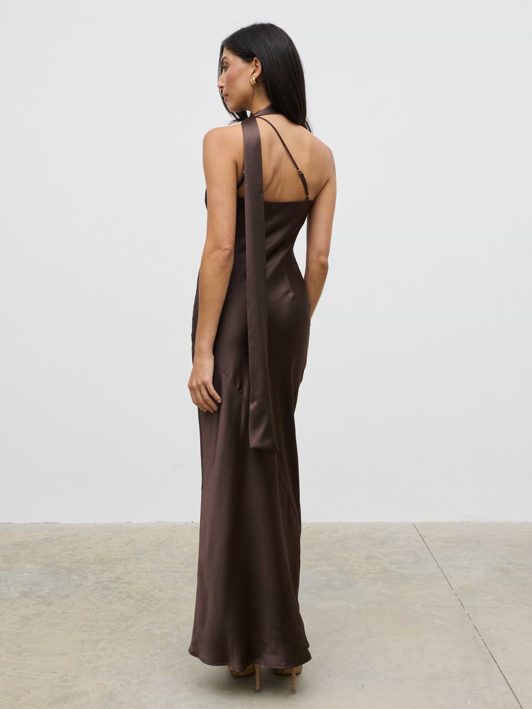 Sheree One Shoulder Sash Maxi Dress - Chocolate Brown