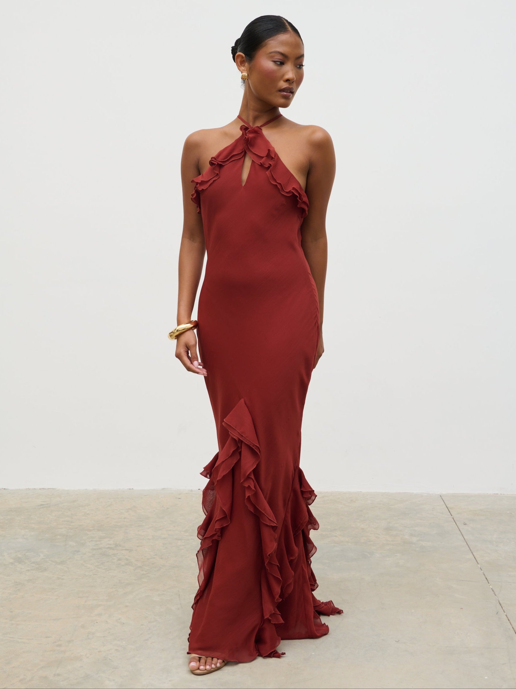 Sofia Halter Neck Ruffle Maxi Dress - Rust