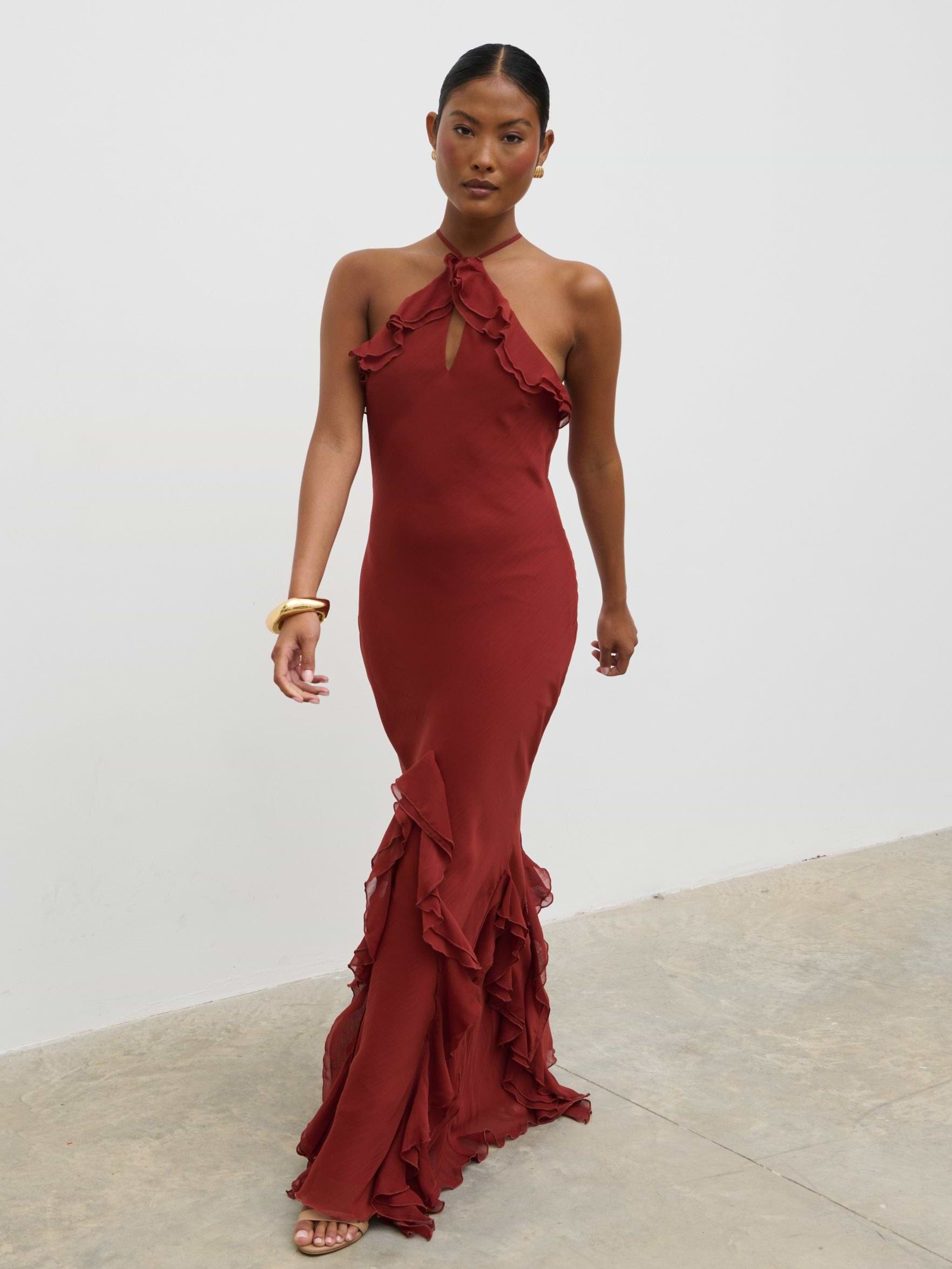 Sofia Halter Neck Ruffle Maxi Dress - Rust