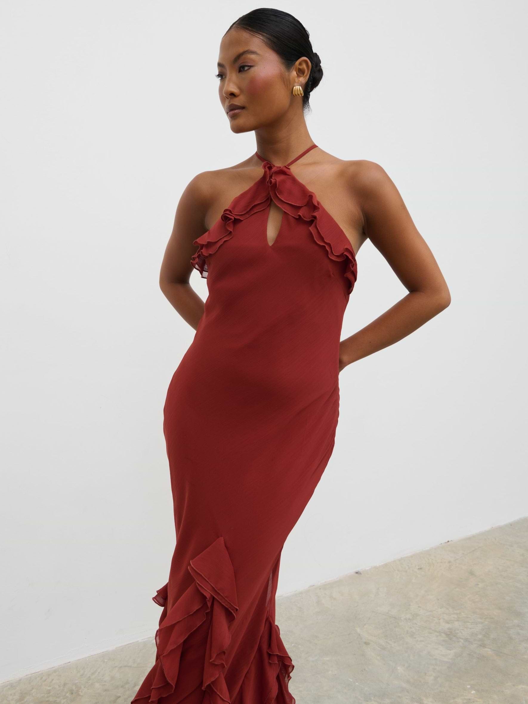Sofia Halter Neck Ruffle Maxi Dress - Rust