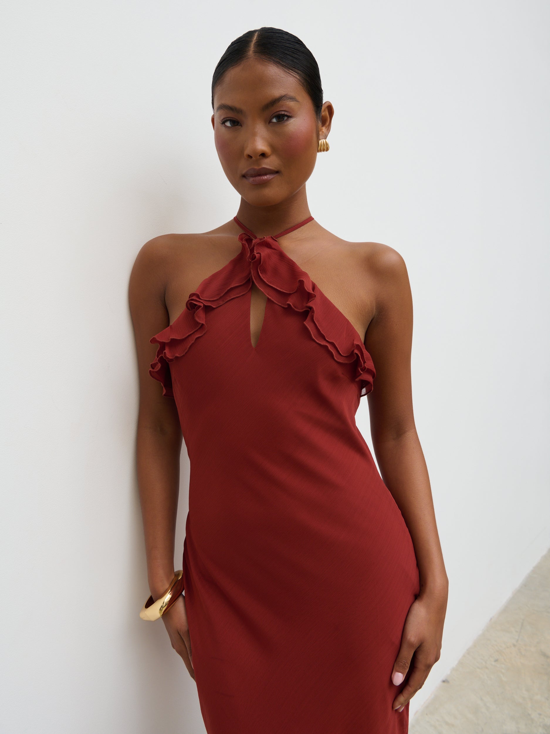Sofia Halter Neck Ruffle Maxi Dress - Rust