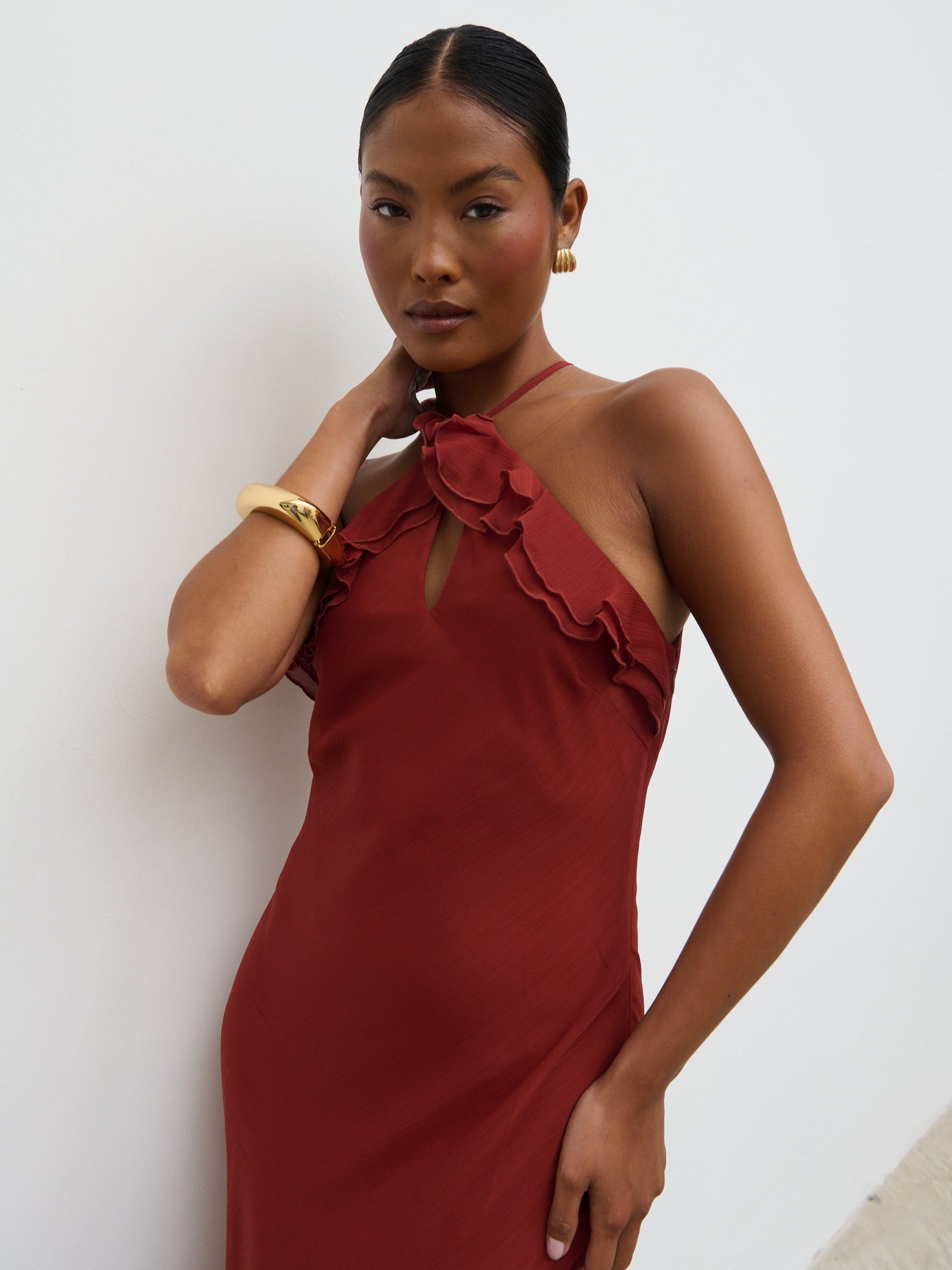 Sofia Halter Neck Ruffle Maxi Dress - Rust