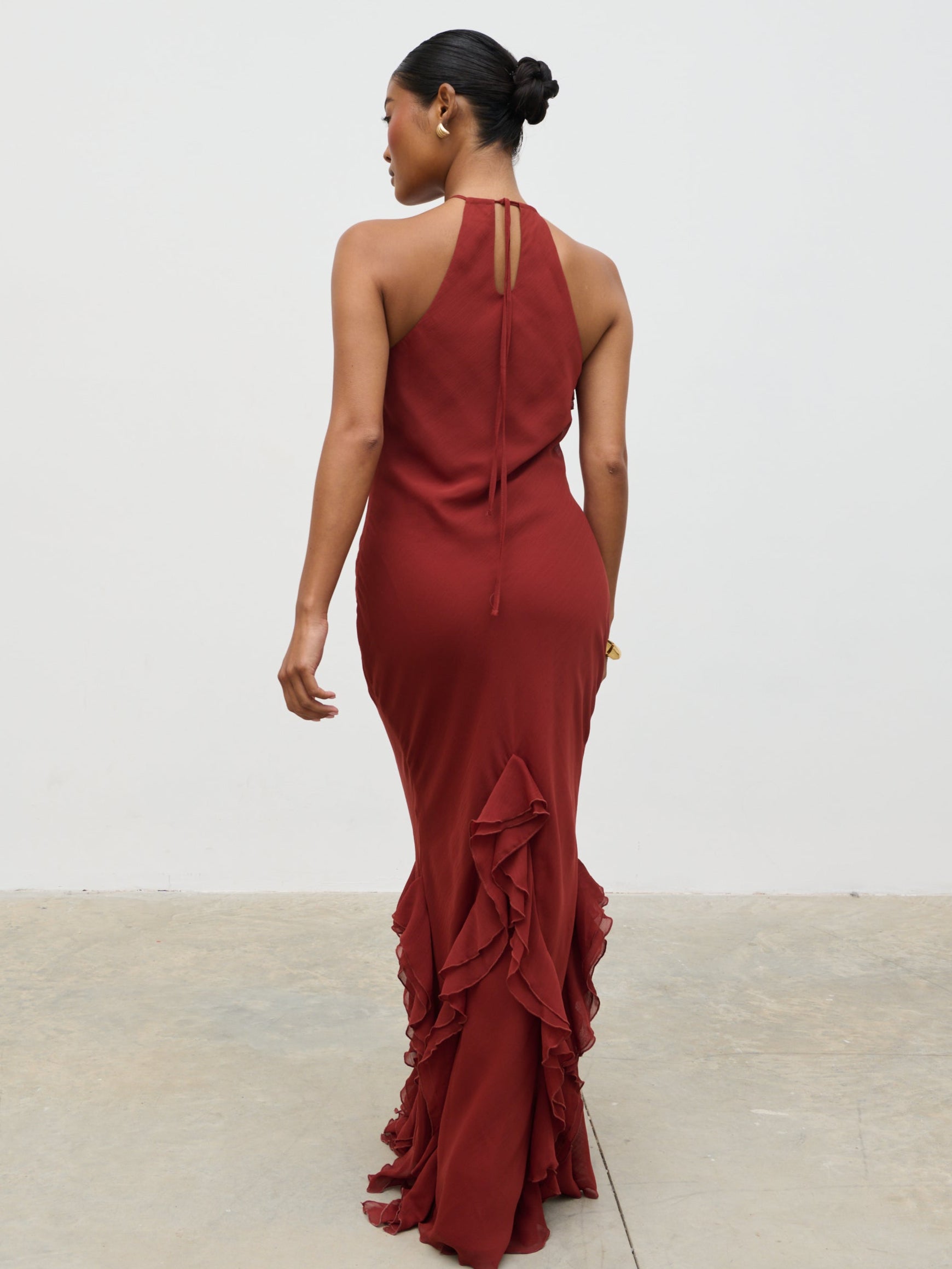 Sofia Halter Neck Ruffle Maxi Dress - Rust