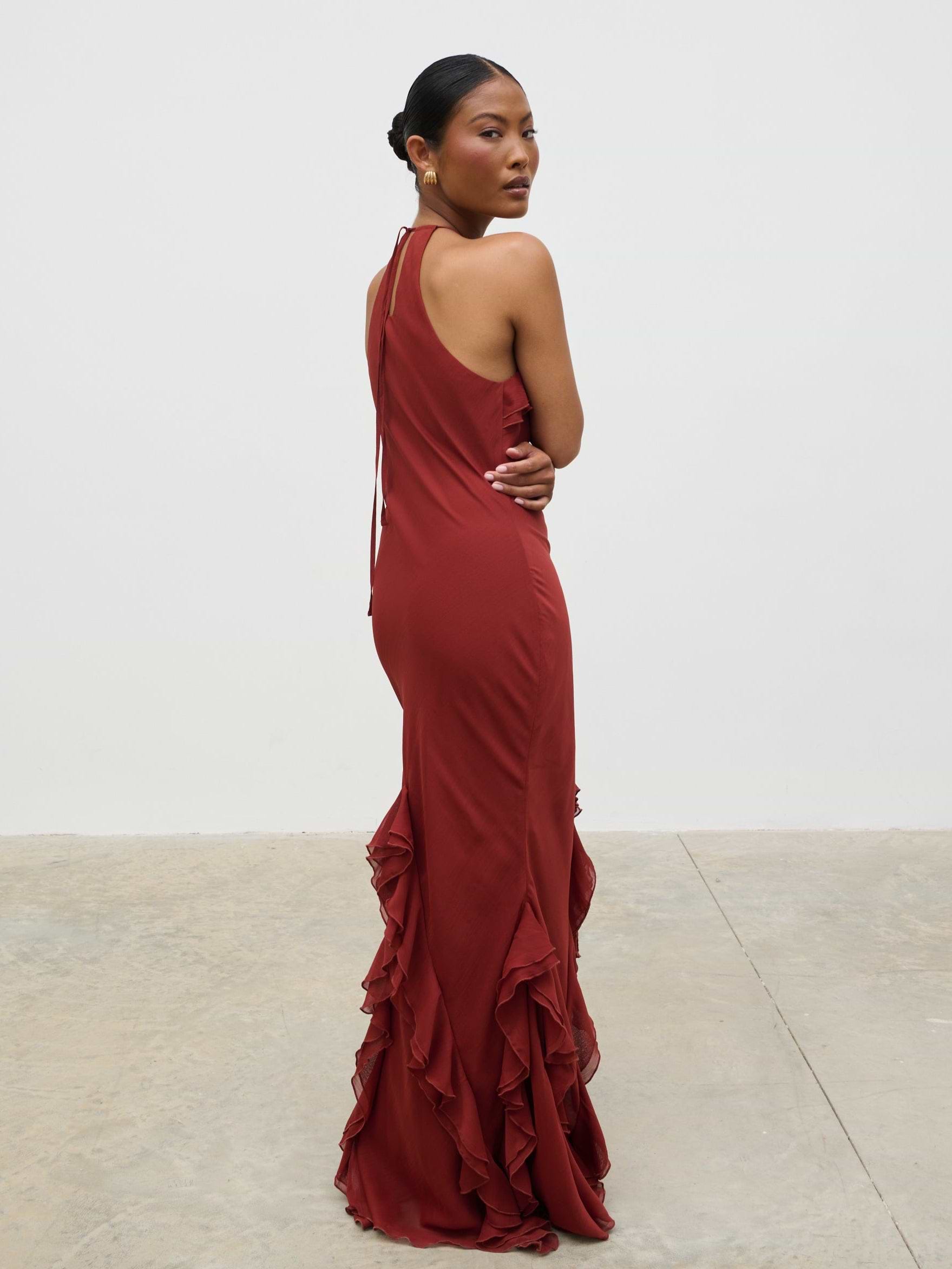 Sofia Halter Neck Ruffle Maxi Dress - Rust