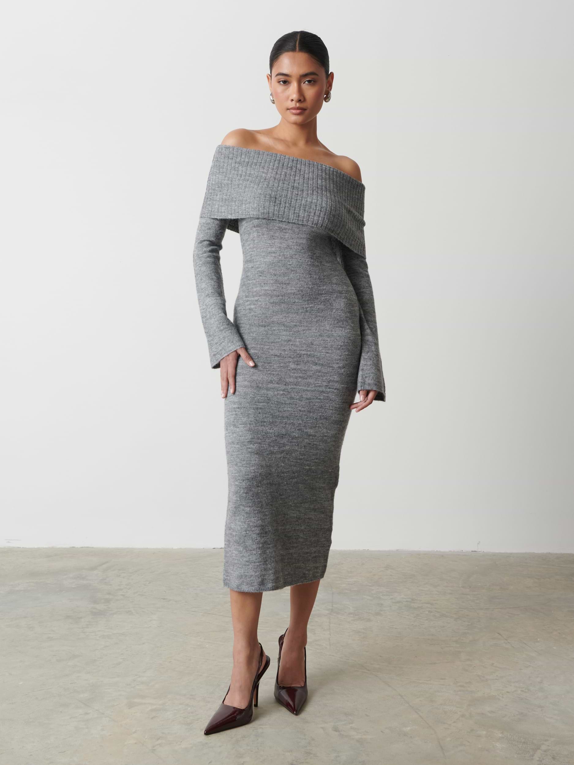 Soreya Bardot Soft Knit Dress - Charcoal