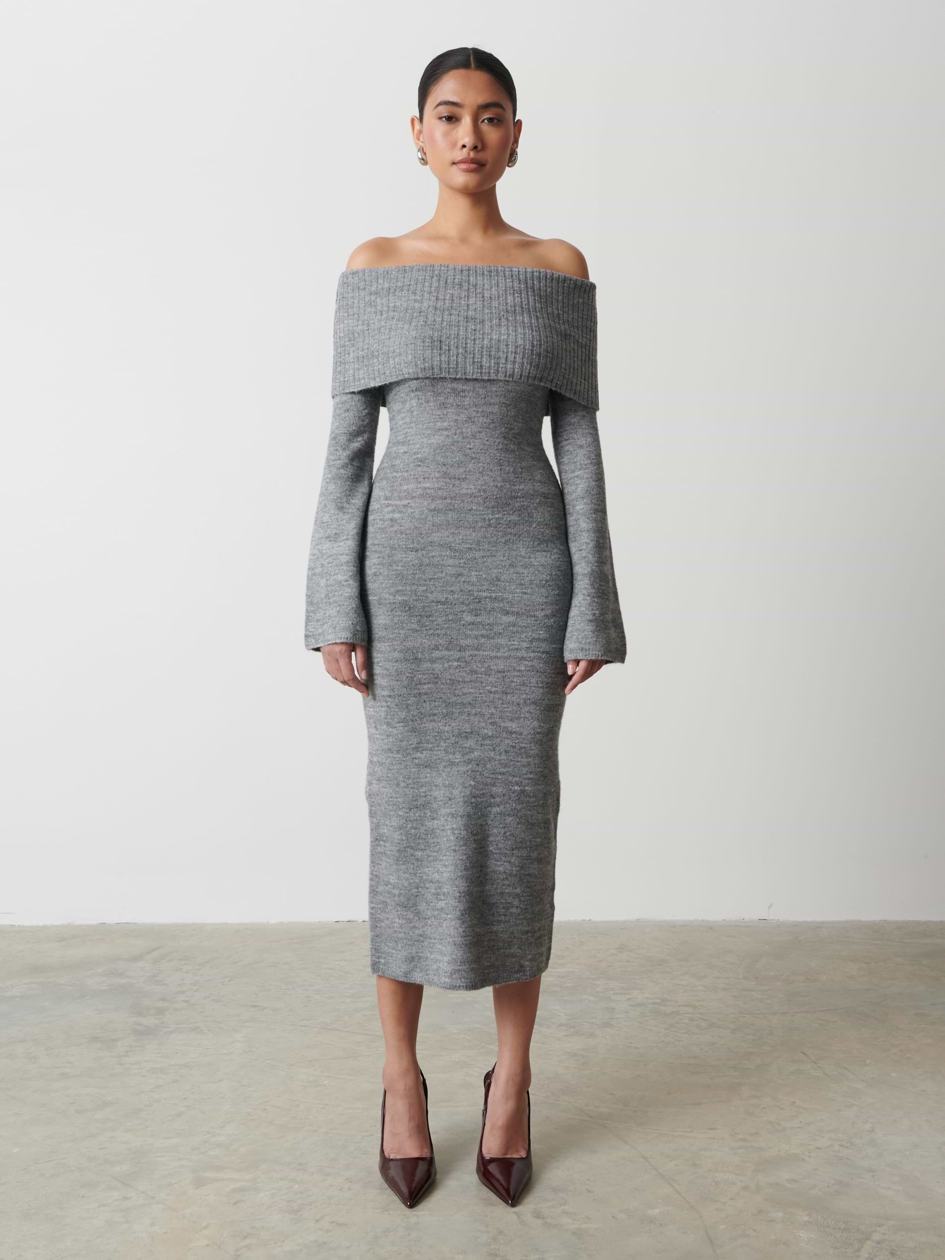 Soreya Bardot Soft Knit Dress - Charcoal