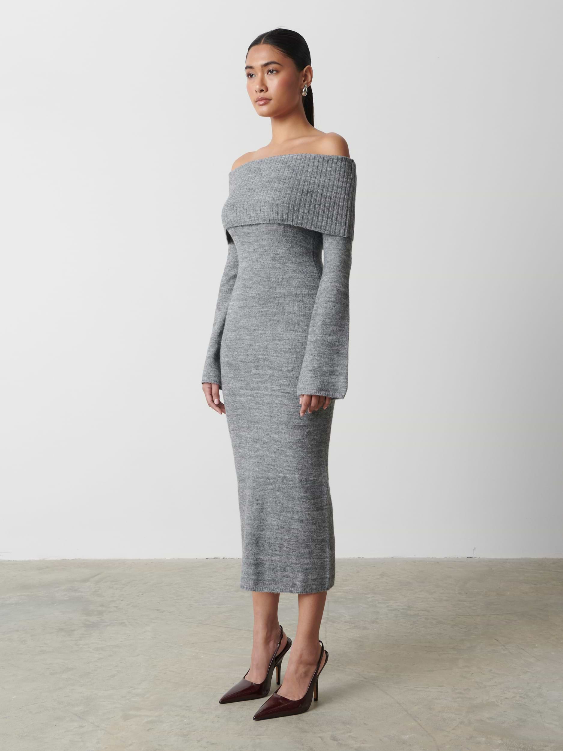 Soreya Bardot Soft Knit Dress - Charcoal