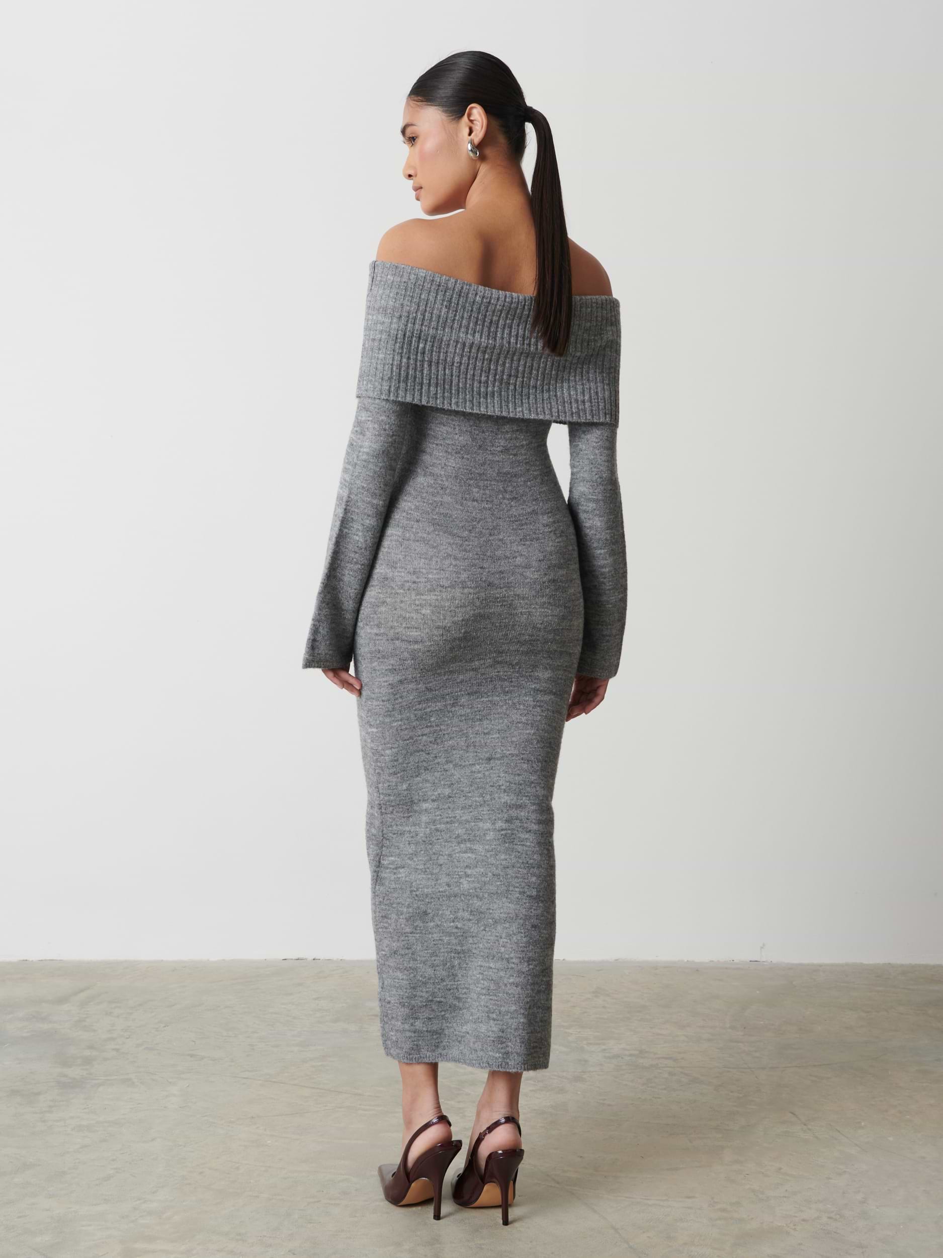 Soreya Bardot Soft Knit Dress - Charcoal