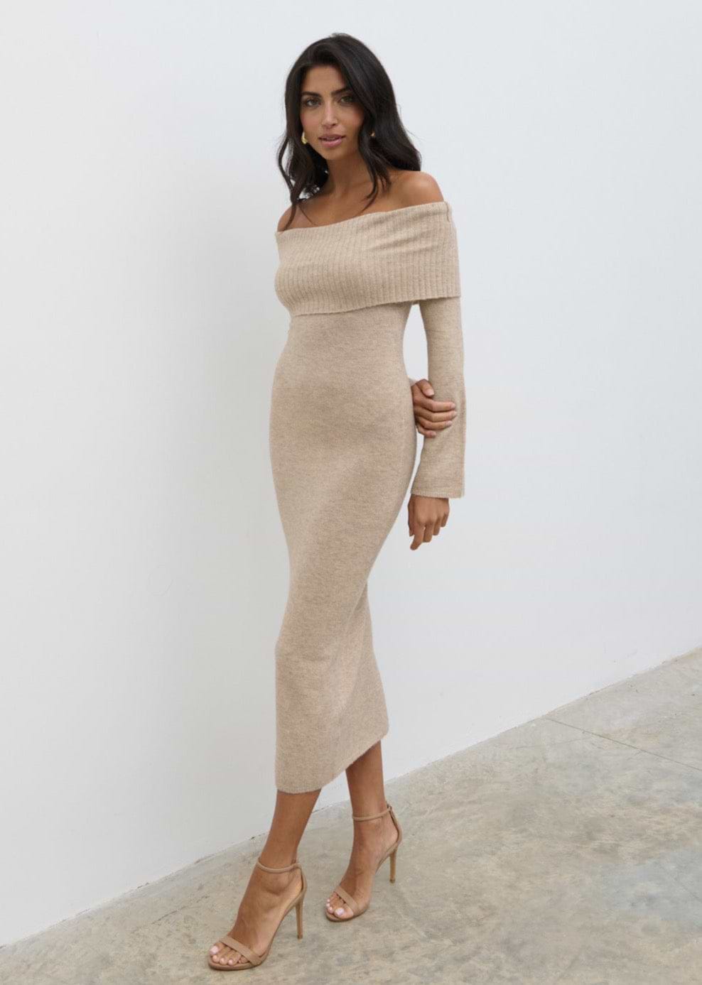 Soreya Bardot Soft Knit Dress - Beige Marl