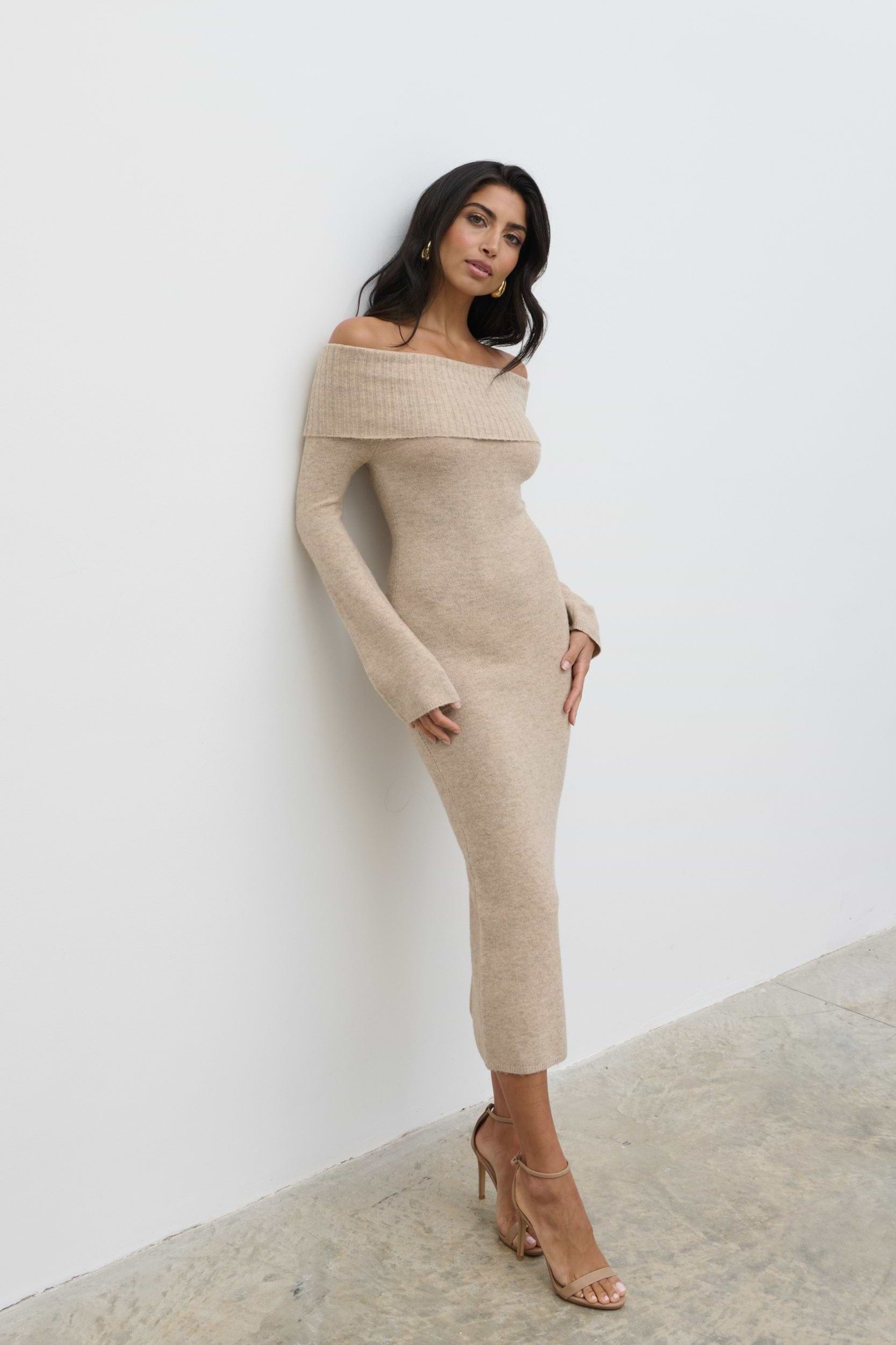Soreya Bardot Soft Knit Dress - Beige Marl