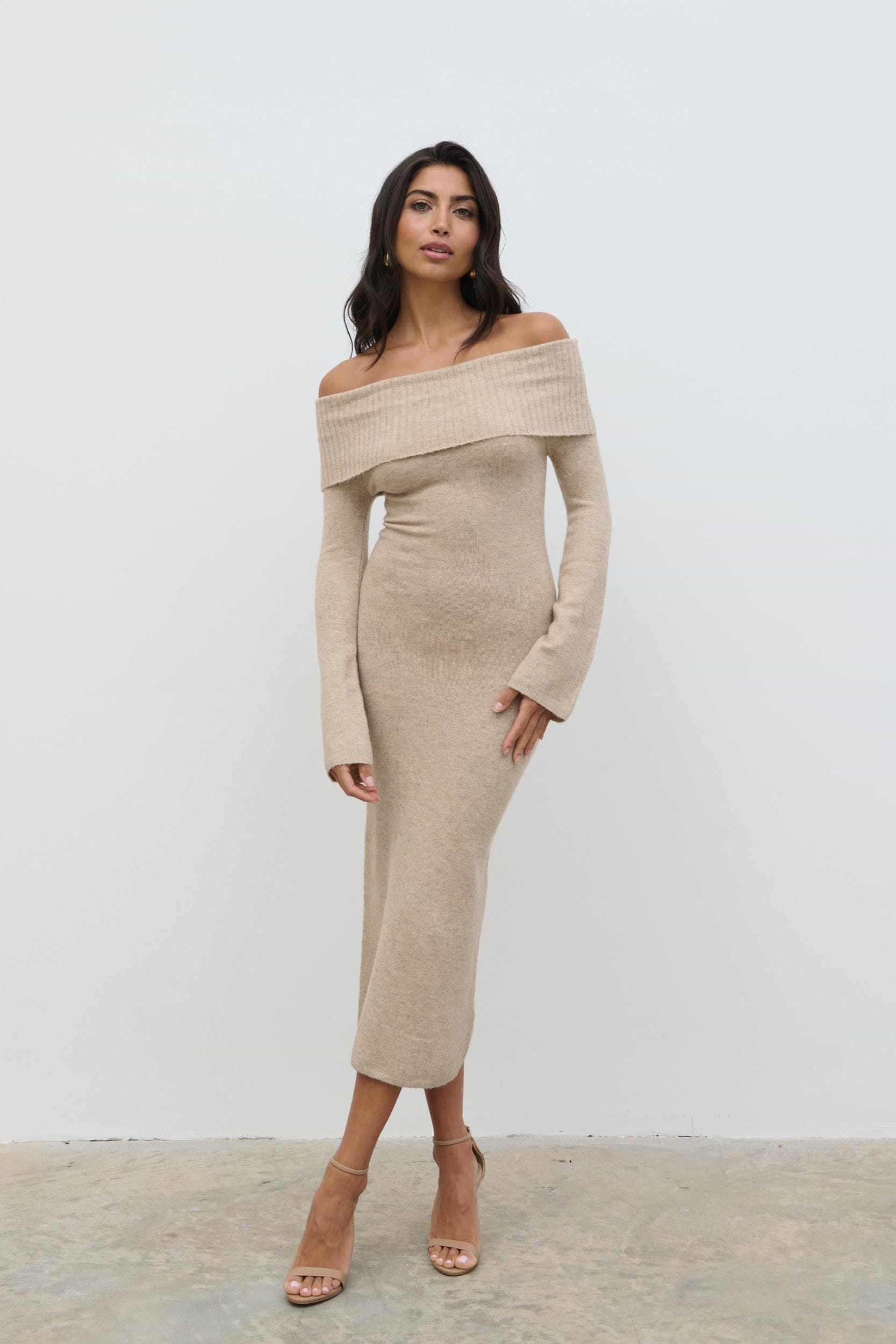Soreya Bardot Soft Knit Dress - Beige Marl